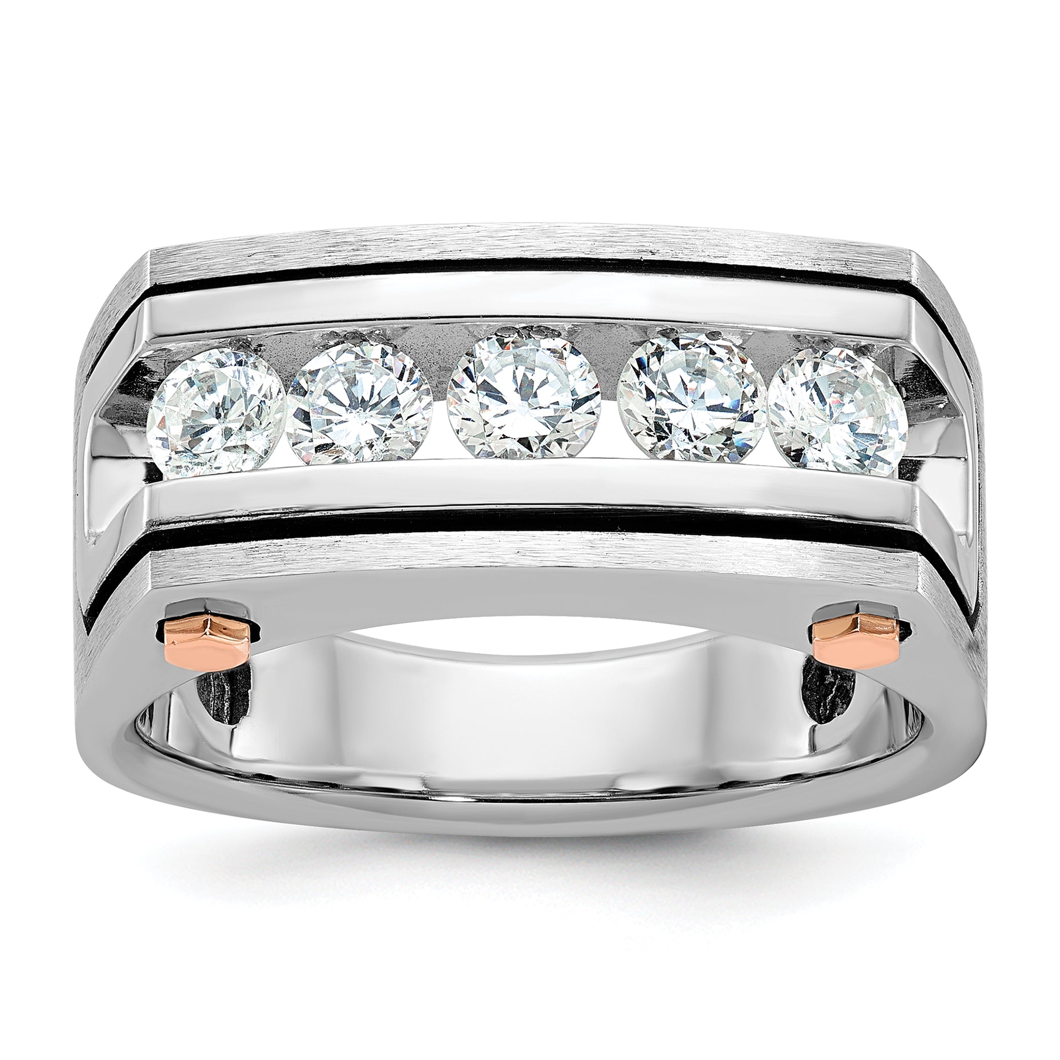14k White and Rose Gold with Black Rhodium Men's Polished Satin and Grooved 5-Stone 1 Carat AA Quali - Sophia Jewelers