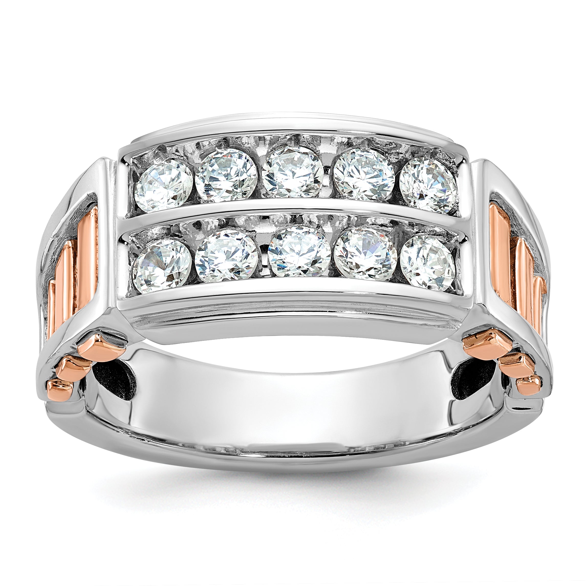14k White and Rose Gold Men's Polished and Cut-Out 2-Row 1 Carat Lab Grown Diamond Ring - Sophia Jewelers