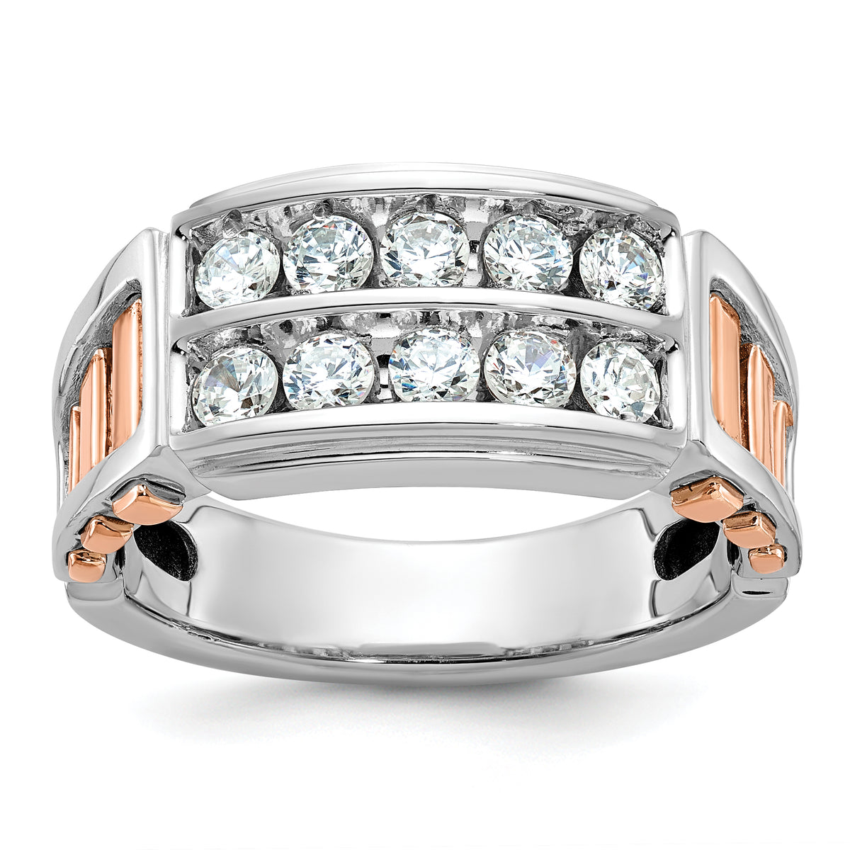 14k White and Rose Gold Men's Polished and Cut-Out 2-Row 1 Carat Lab Grown Diamond Ring - Sophia Jewelers