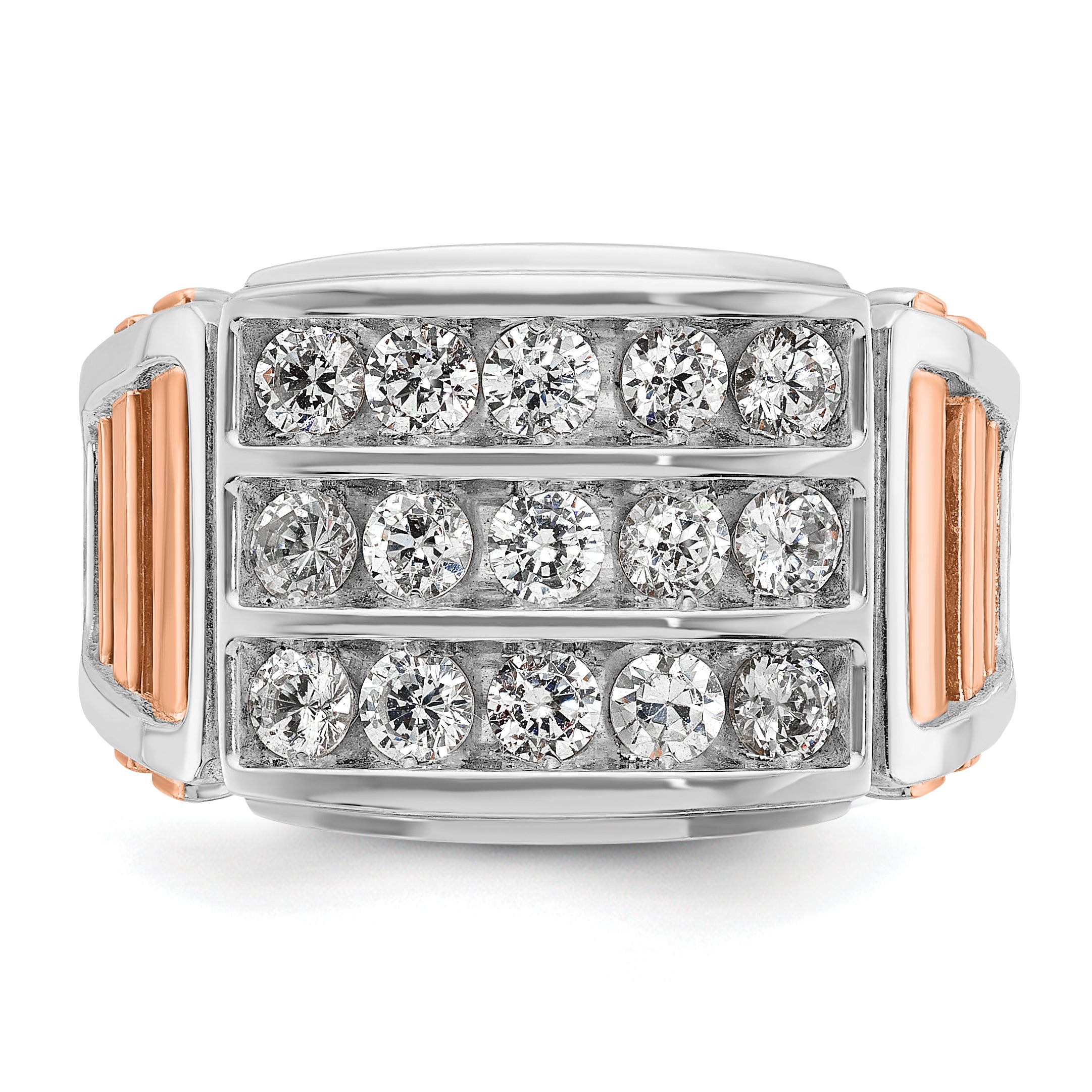 14k White and Rose Gold Mens Polished and Cut-Out 3-Row 1.5 Carat AA Quality Diamond Ring - Sophia Jewelers