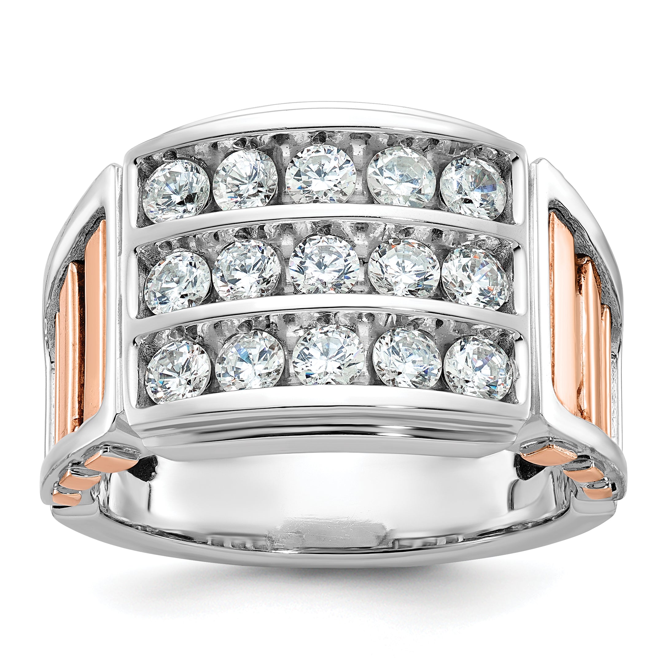 14k White and Rose Gold Mens Polished and Cut-Out 3-Row 1.5 Carat AA Quality Diamond Ring - Sophia Jewelers