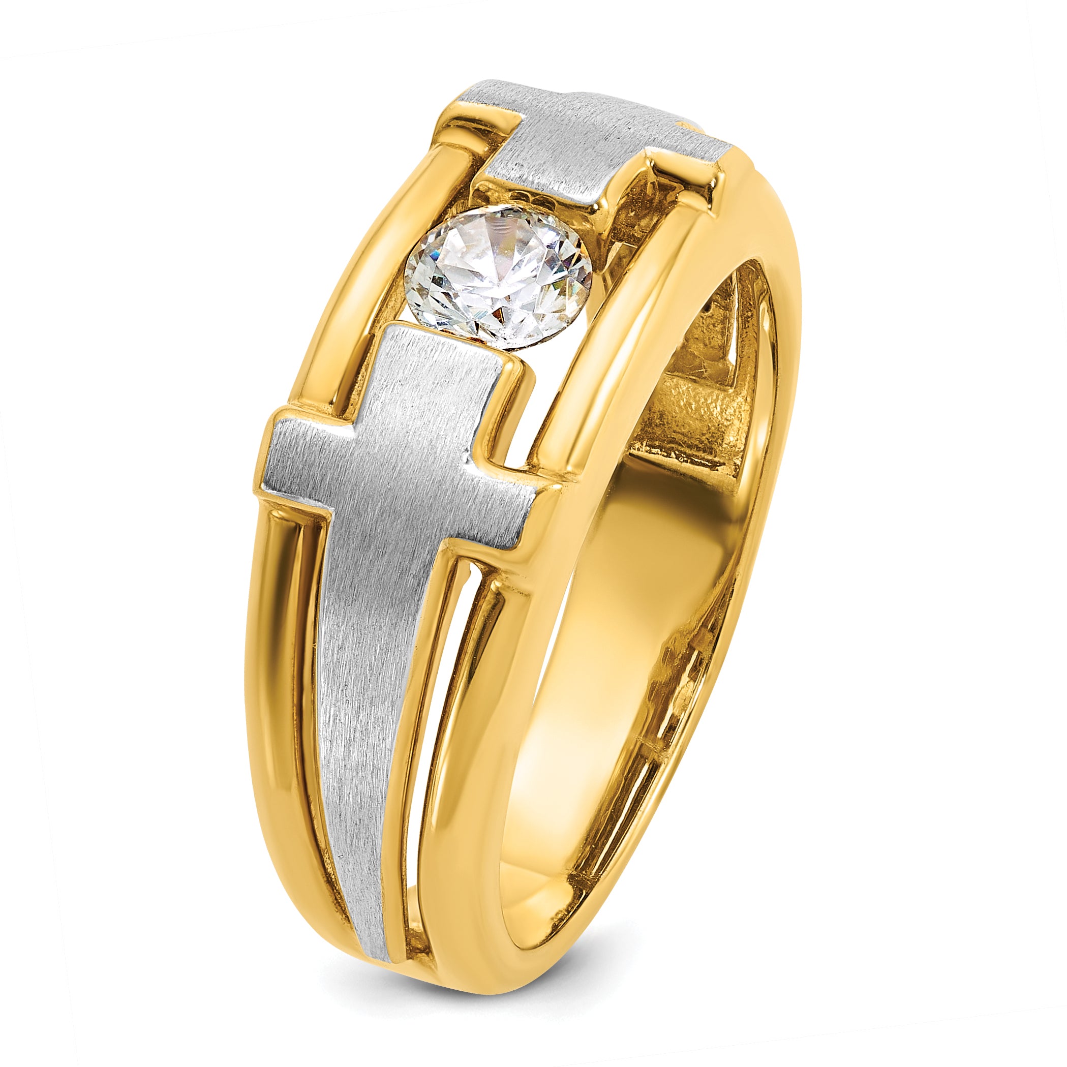 10k Two-tone Men's Polished Satin and Cut-Out 1/2 Carat A Quality Diamond Cross Ring
