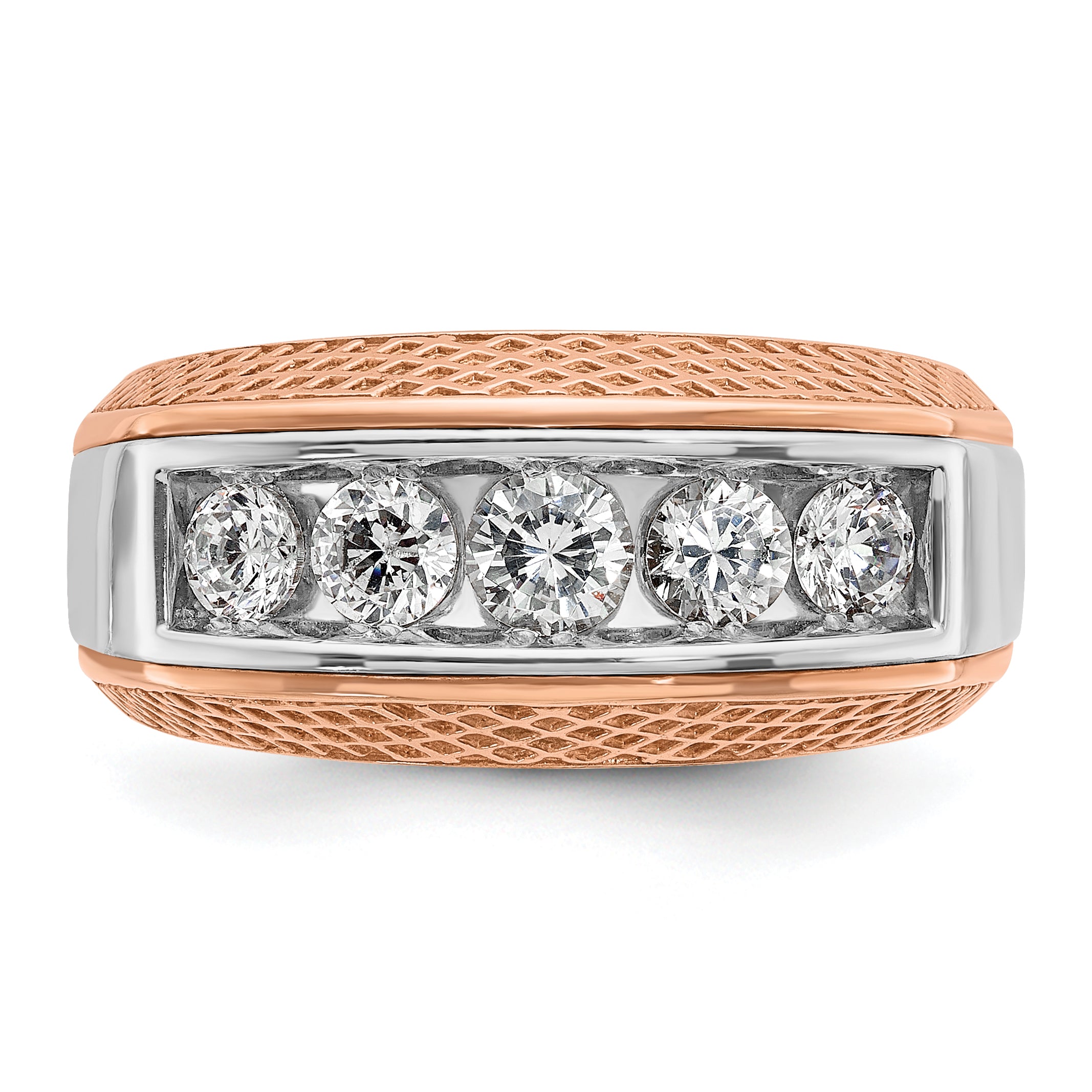 14k White and Rose Gold Men's Polished and Textured 5-Stone Ring Mounting, Mounting Only - Sophia Jewelers