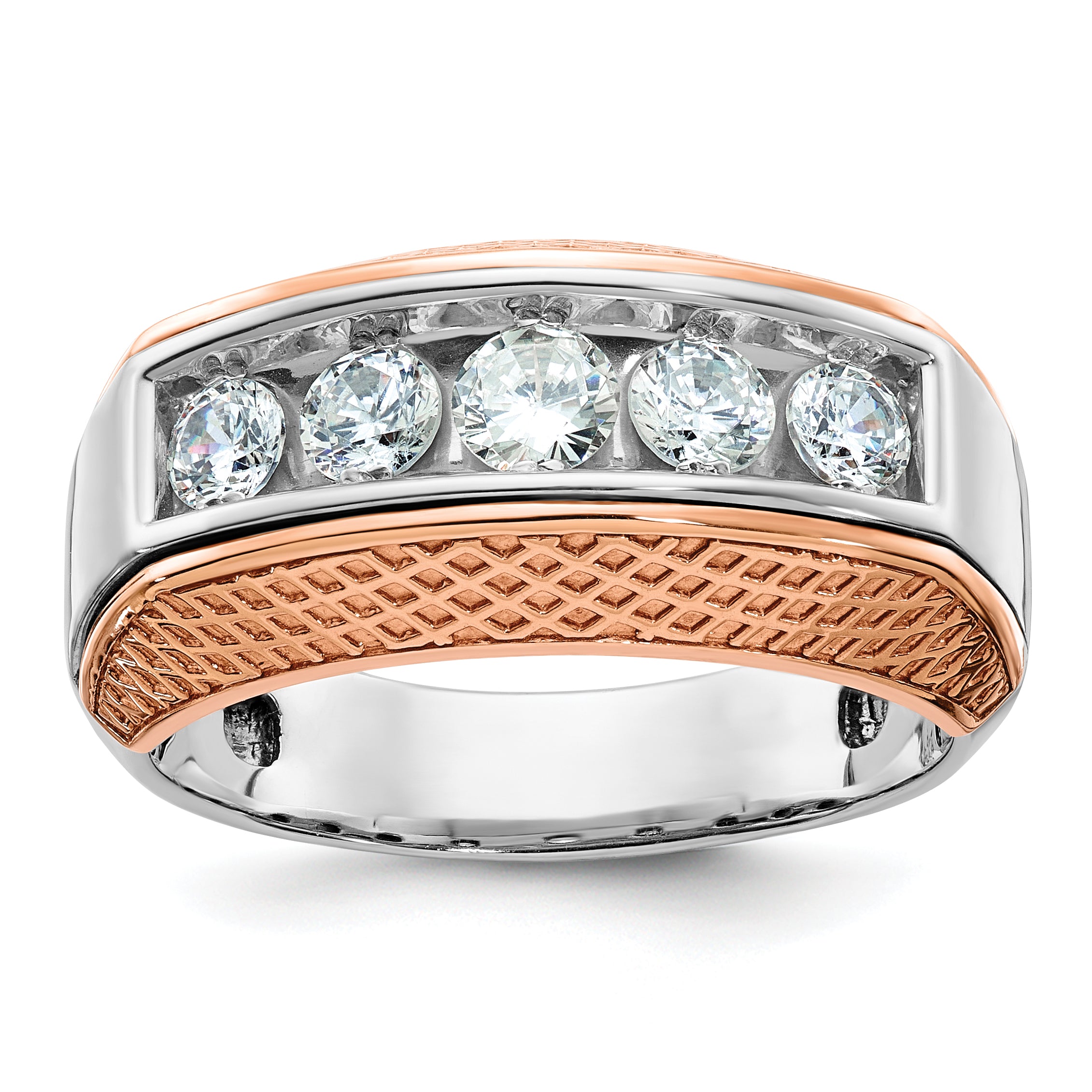 14k White and Rose Gold Men's Polished and Textured 5-Stone 1 Carat AA Quality Diamond Ring - Sophia Jewelers