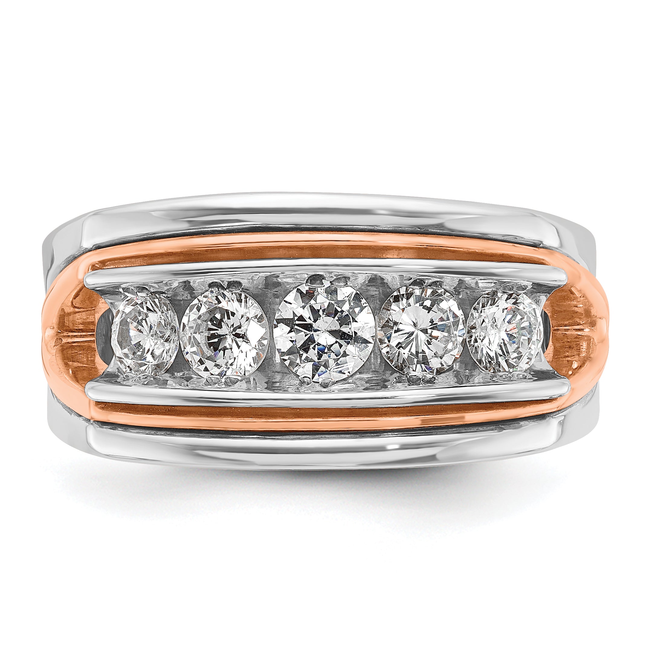 14k Rose and White Gold Mens Polished Channel-set 5-Stone Ring Mounting, Mounting Only - Sophia Jewelers