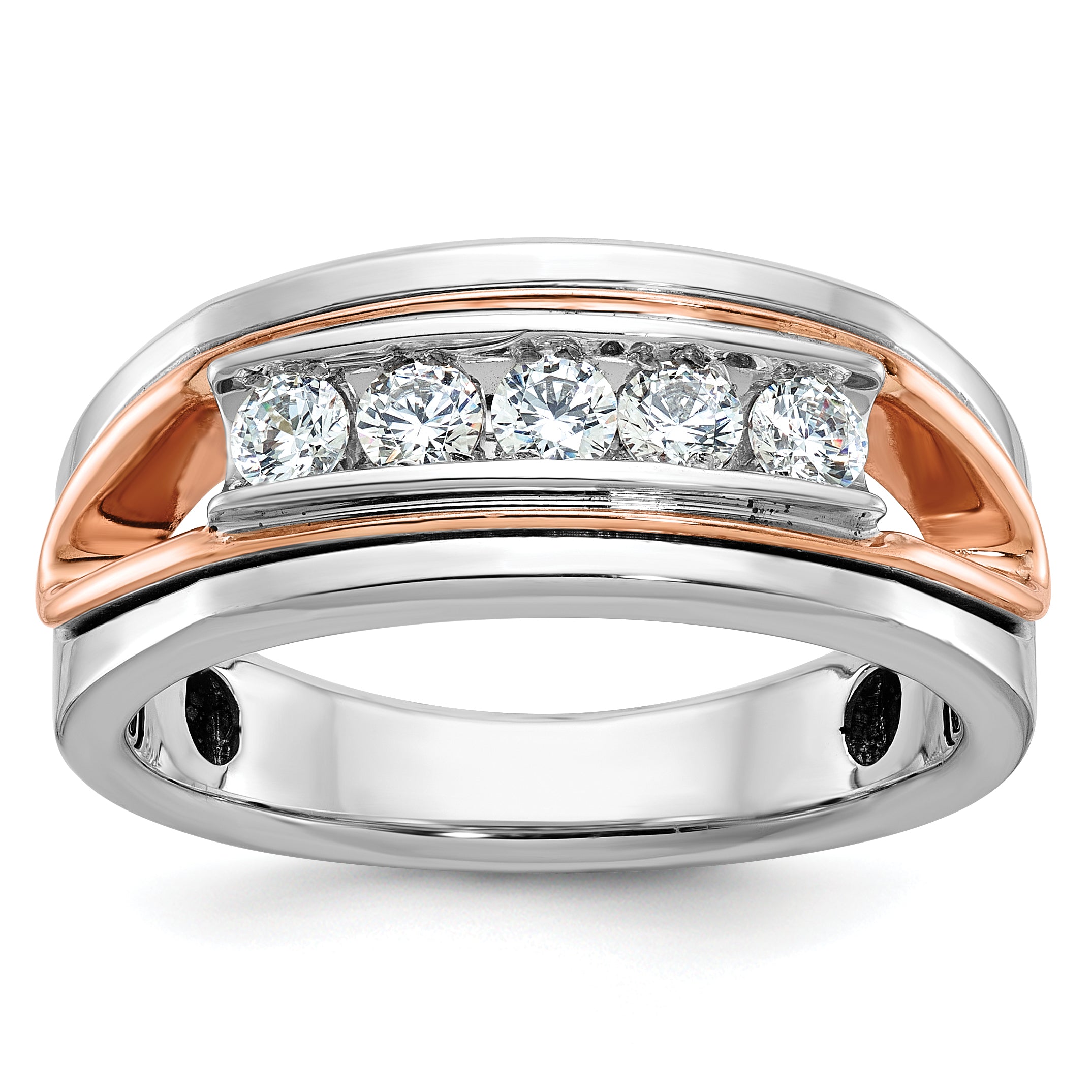 14k Rose and White Gold Mens Polished Channel-set 5-Stone Ring Mounting, Mounting Only - Sophia Jewelers