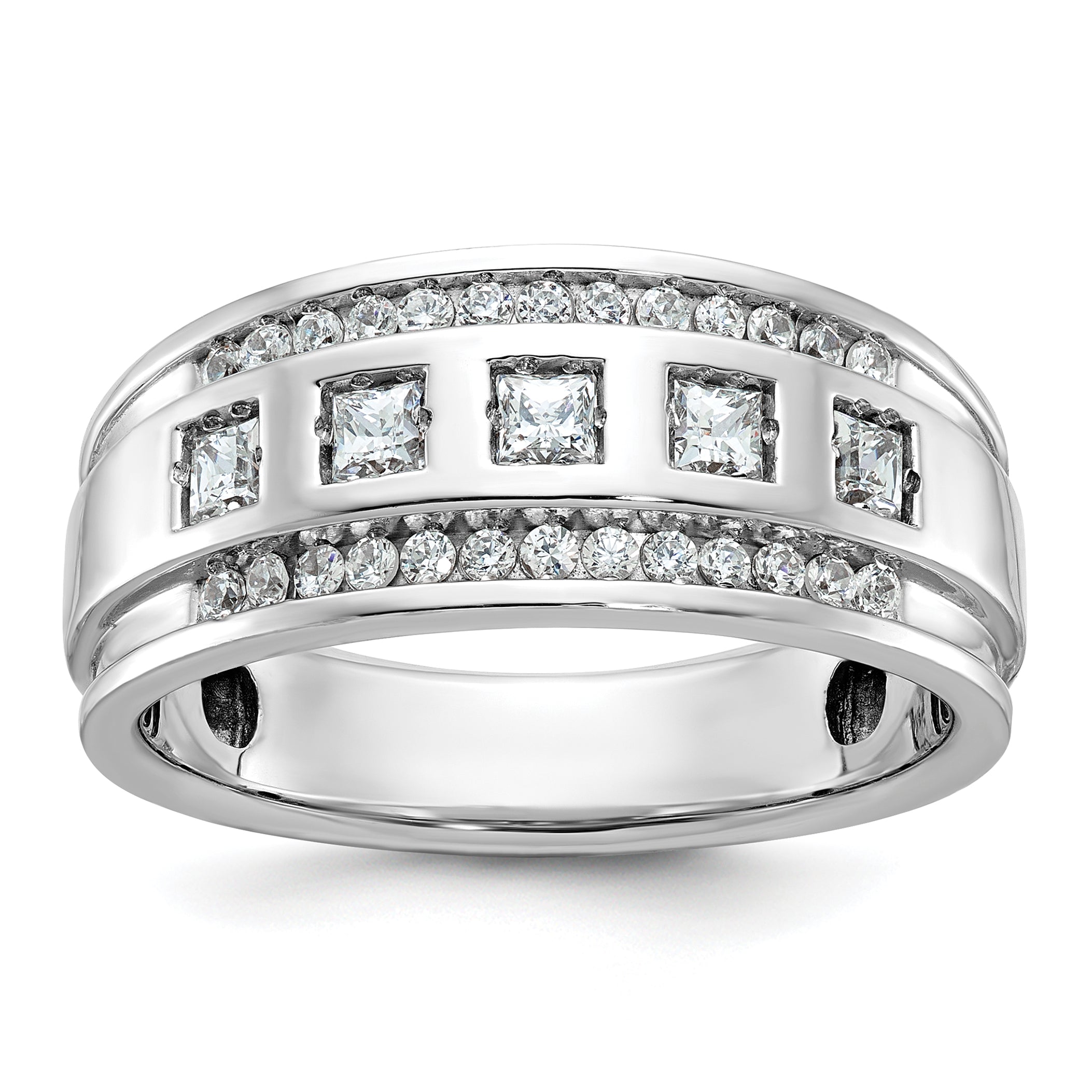 14k White Gold Men's Polished and Grooved Square 1 1/4 Carat AA Quality Diamond 5-Stone Ring - Sophia Jewelers Main image