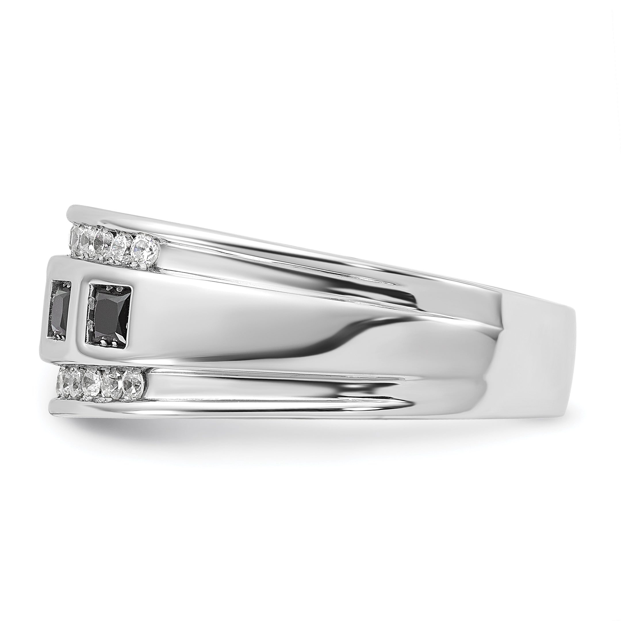 14k White Gold Men's Polished and Grooved Square Black and White 1 1/5 Carat AA Quality Diamond 5-Stone Ring