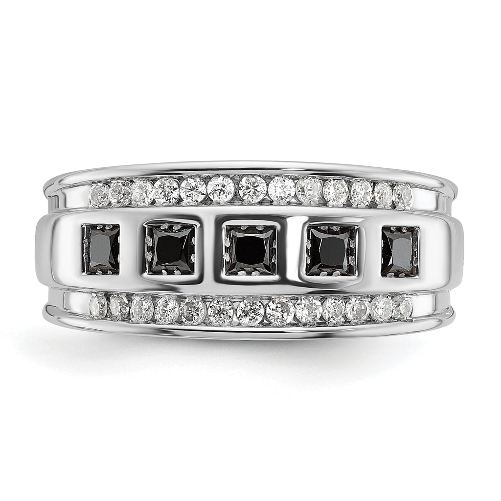 14k White Gold Men's Polished and Grooved Square Black and White 1 1/5 Carat AA Quality Diamond 5-Stone Ring