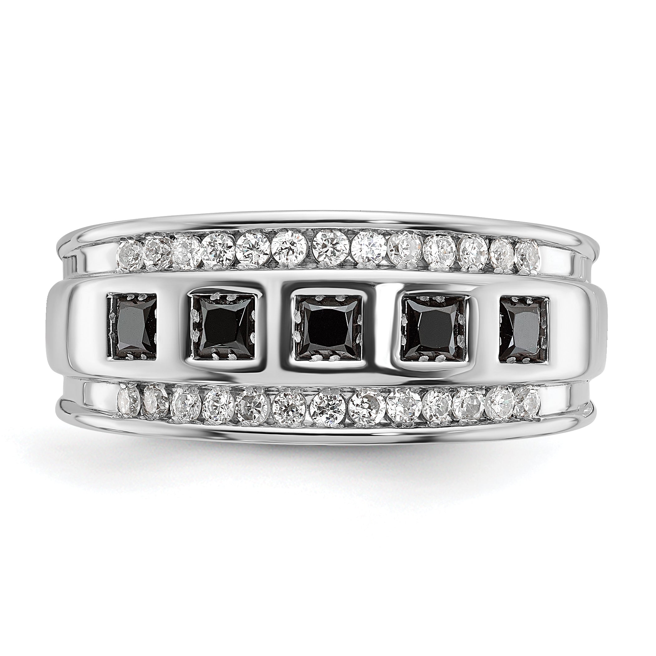 14k White Gold Men's Polished and Grooved Square Black and White 1 1/5 Carat AA Quality Diamond 5-Stone Ring