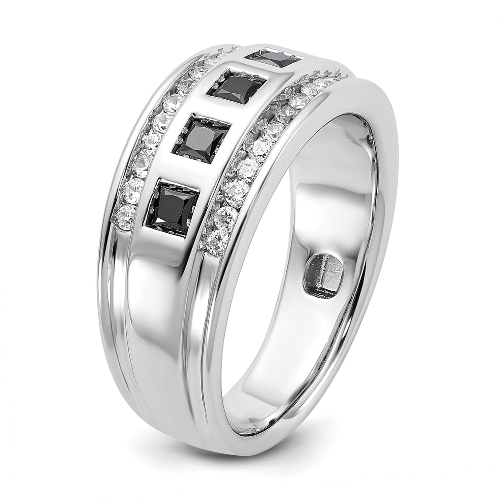 14k White Gold Men's Polished and Grooved Square Black and White 1 1/5 Carat AA Quality Diamond 5-Stone Ring