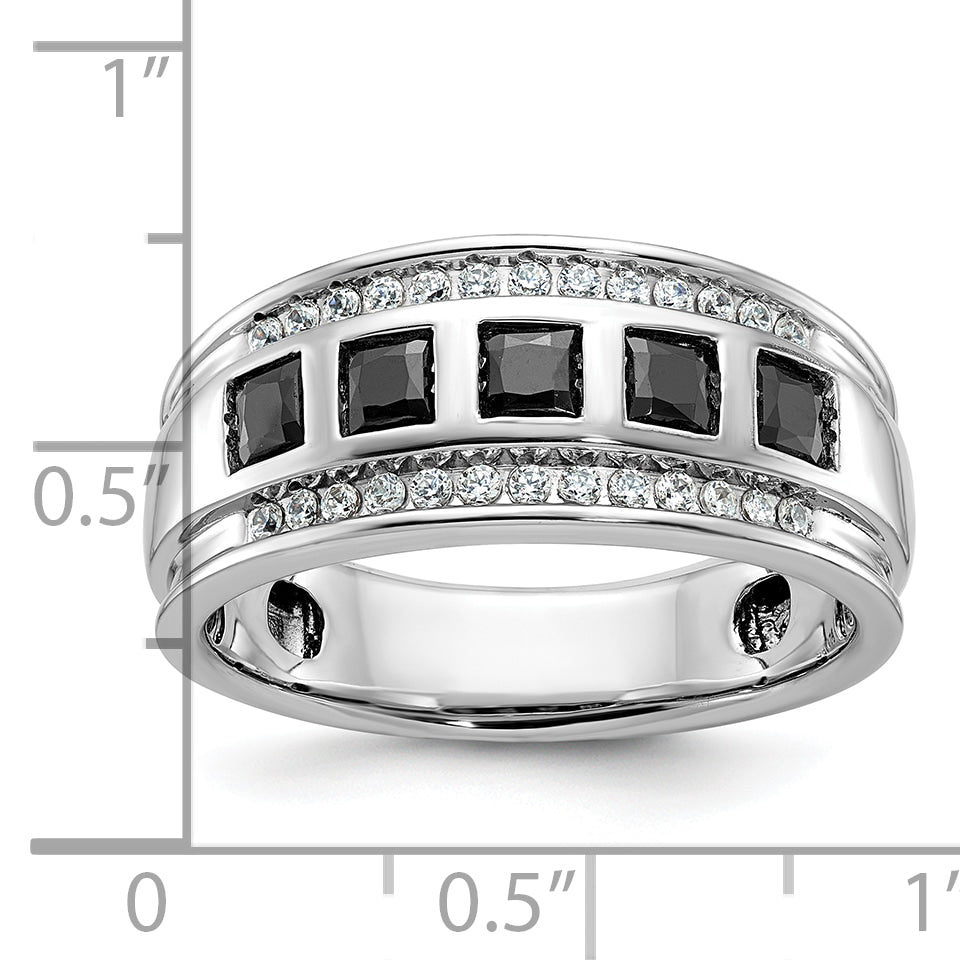14k White Gold Men's Polished and Grooved Square Black and White 1 1/5 Carat AA Quality Diamond 5-Stone Ring