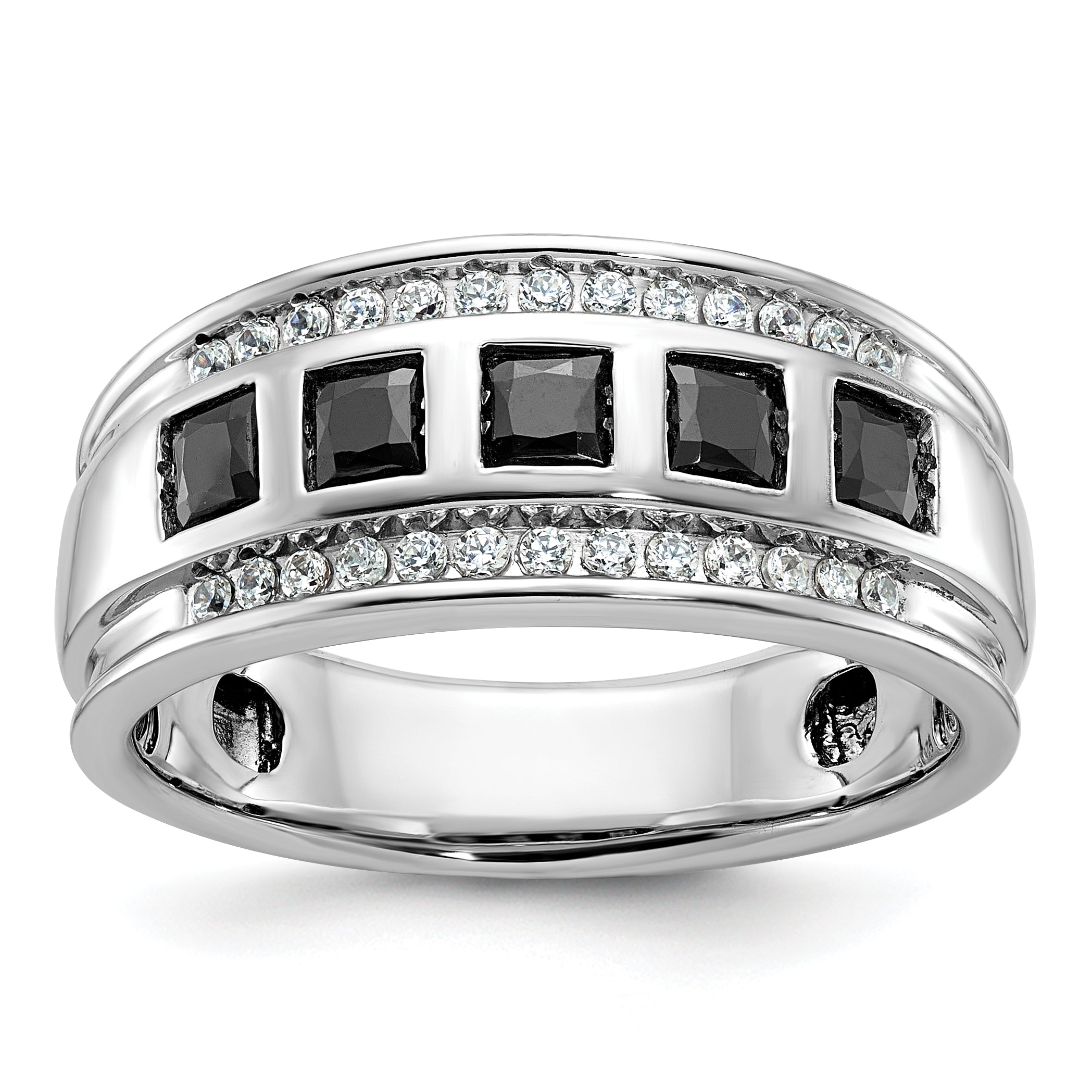 14k White Gold Men's Polished and Grooved Square Black and White 1 1/5 Carat AA Quality Diamond 5-Stone Ring Main image