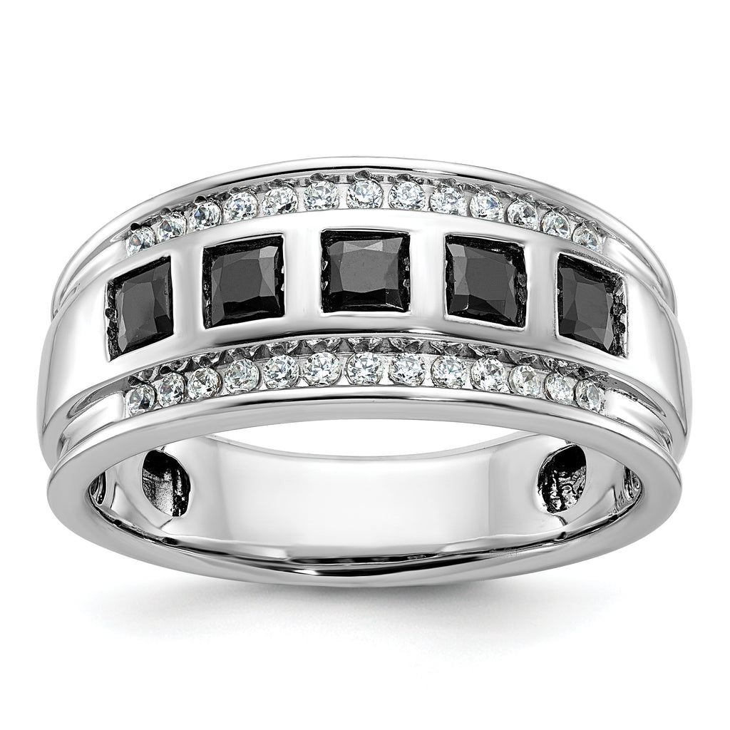 14k White Gold Men's Polished and Grooved Square Black and White 1 1/5 Carat AA Quality Diamond 5-Stone Ring