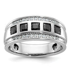 14k White Gold Men's Polished and Grooved Square Black and White 1 1/5 Carat AA Quality Diamond 5-Stone Ring
