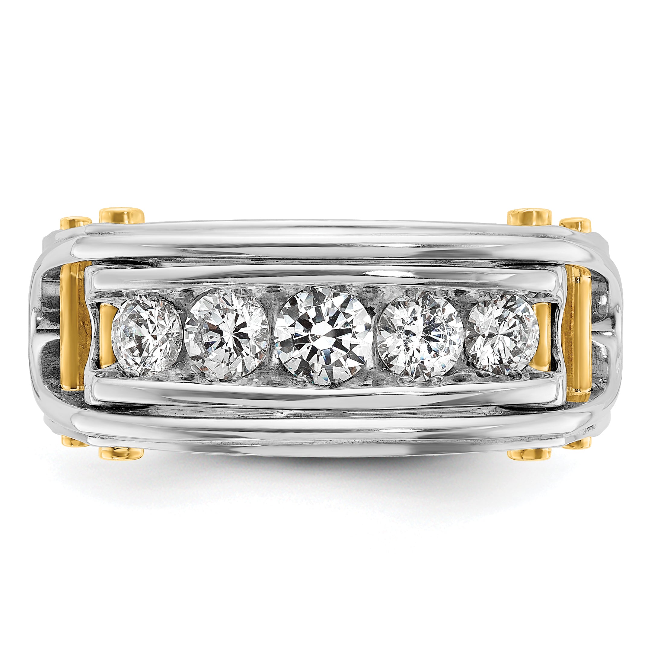 14k Two-tone Mens Polished Grooved Channel-set 5-Stone Ring Mounting, Mounting Only - Sophia Jewelers