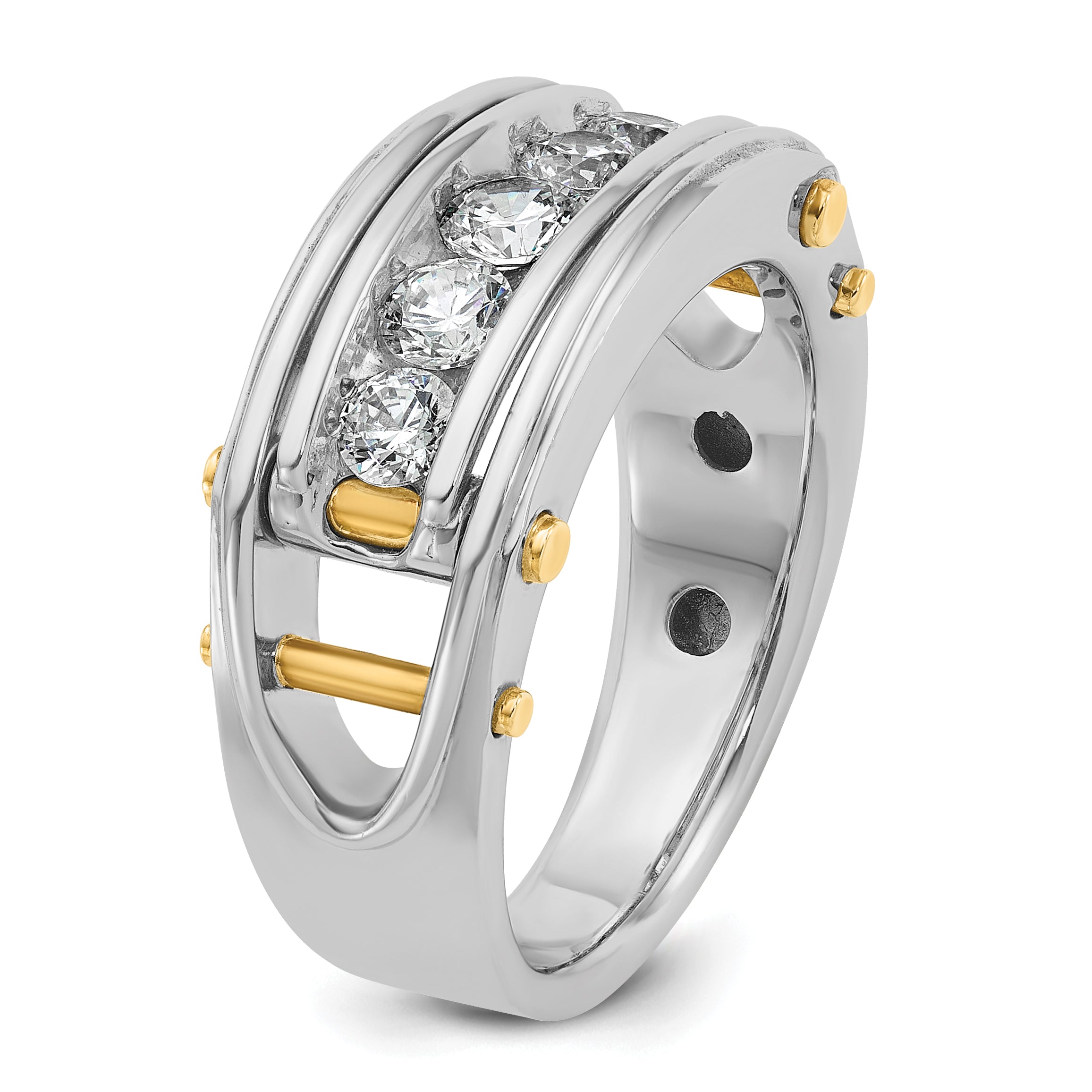 14k Two-tone Mens Polished Grooved Channel-set 5-Stone Ring Mounting, Mounting Only - Sophia Jewelers