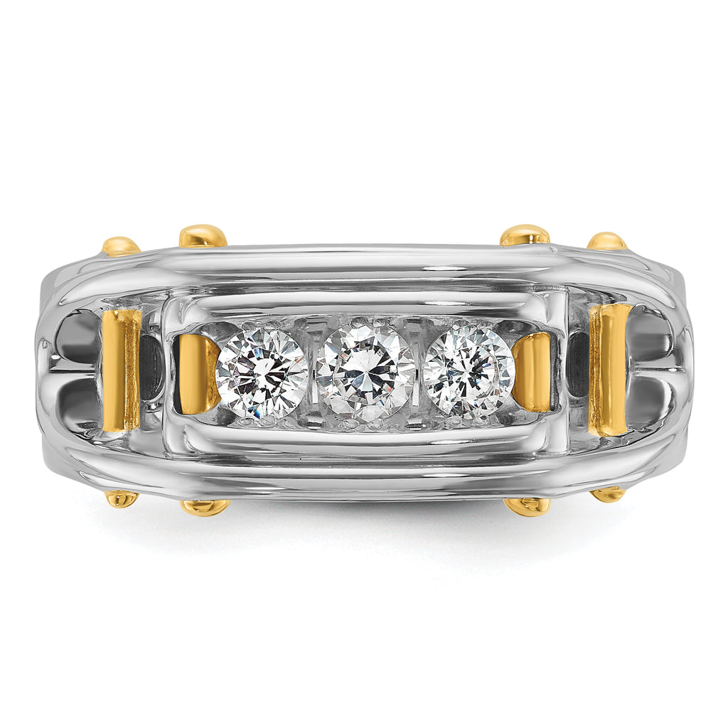 14k Two-tone Mens Polished Grooved Channel-set 3-Stone Ring Mounting, Mounting Only - Sophia Jewelers