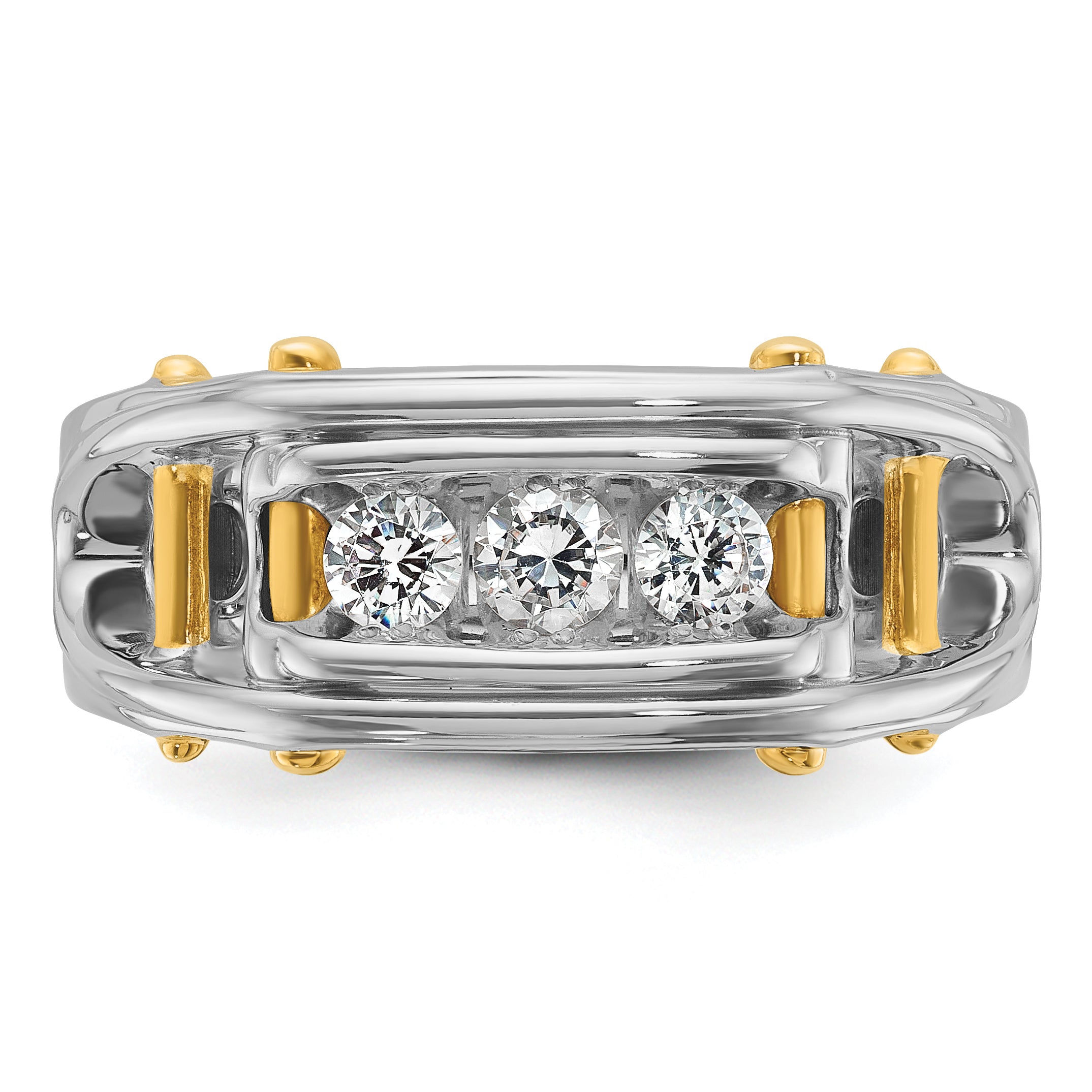 14k Two-tone Mens Polished Grooved Channel-set 3-Stone Ring Mounting, Mounting Only - Sophia Jewelers