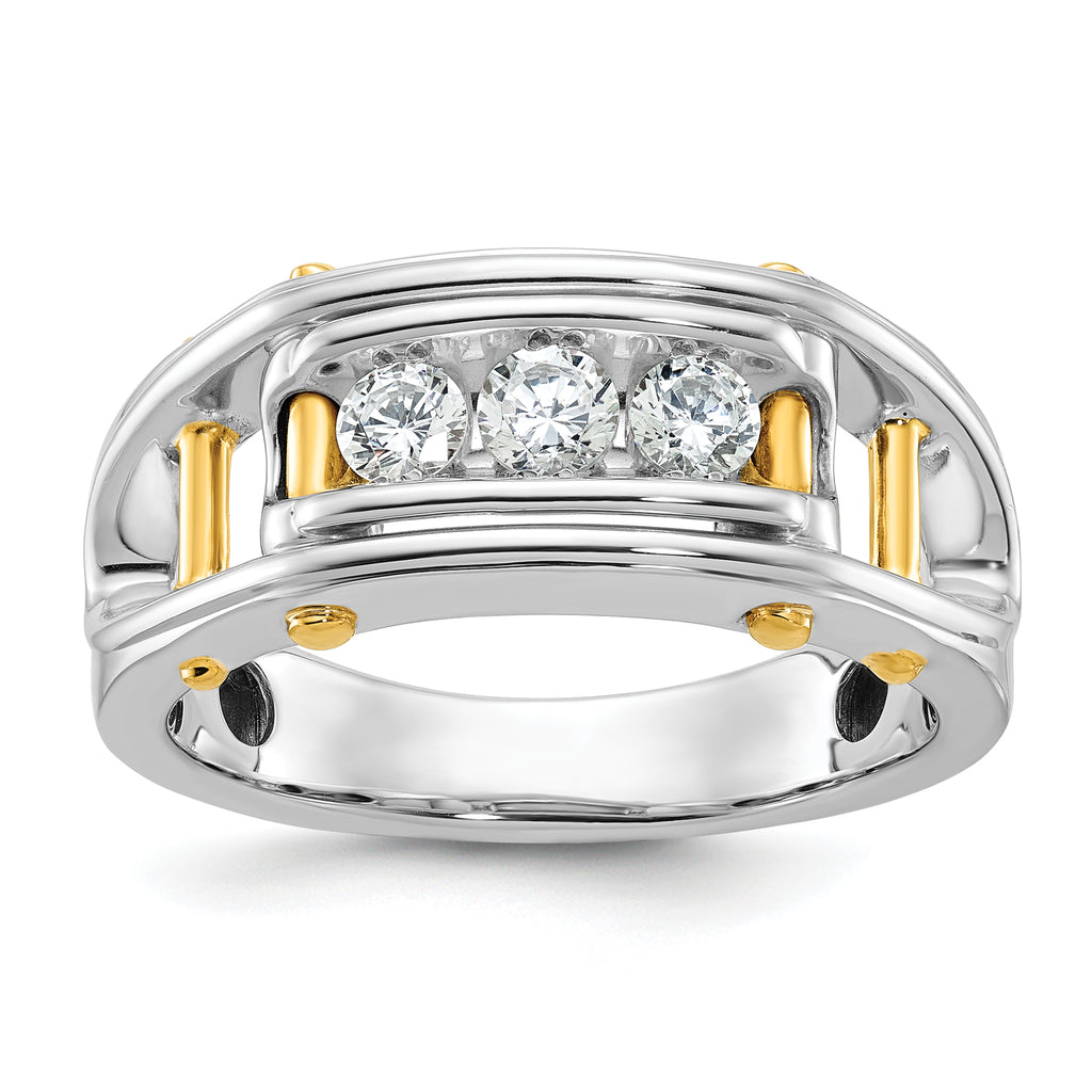 14k Two-tone Mens Polished Grooved Channel-set 3-Stone Ring Mounting, Mounting Only - Sophia Jewelers