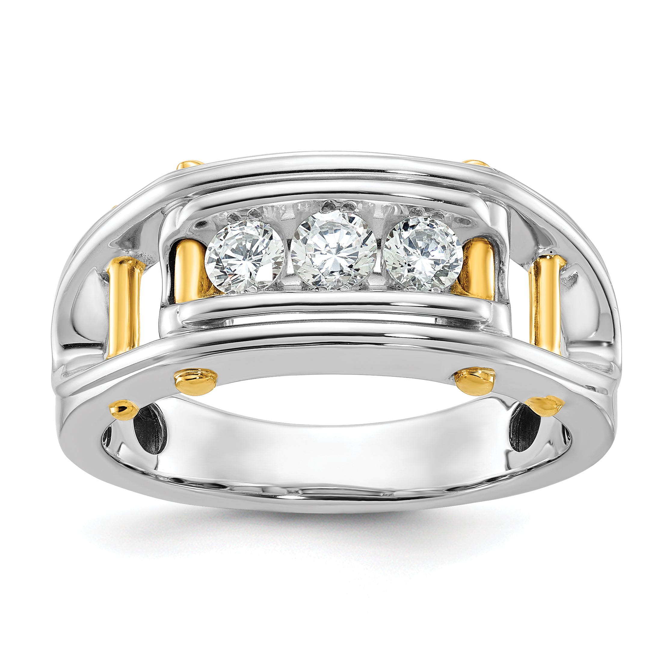14k Two-tone Mens Polished Grooved Channel-set 3-Stone Ring Mounting, Mounting Only - Sophia Jewelers