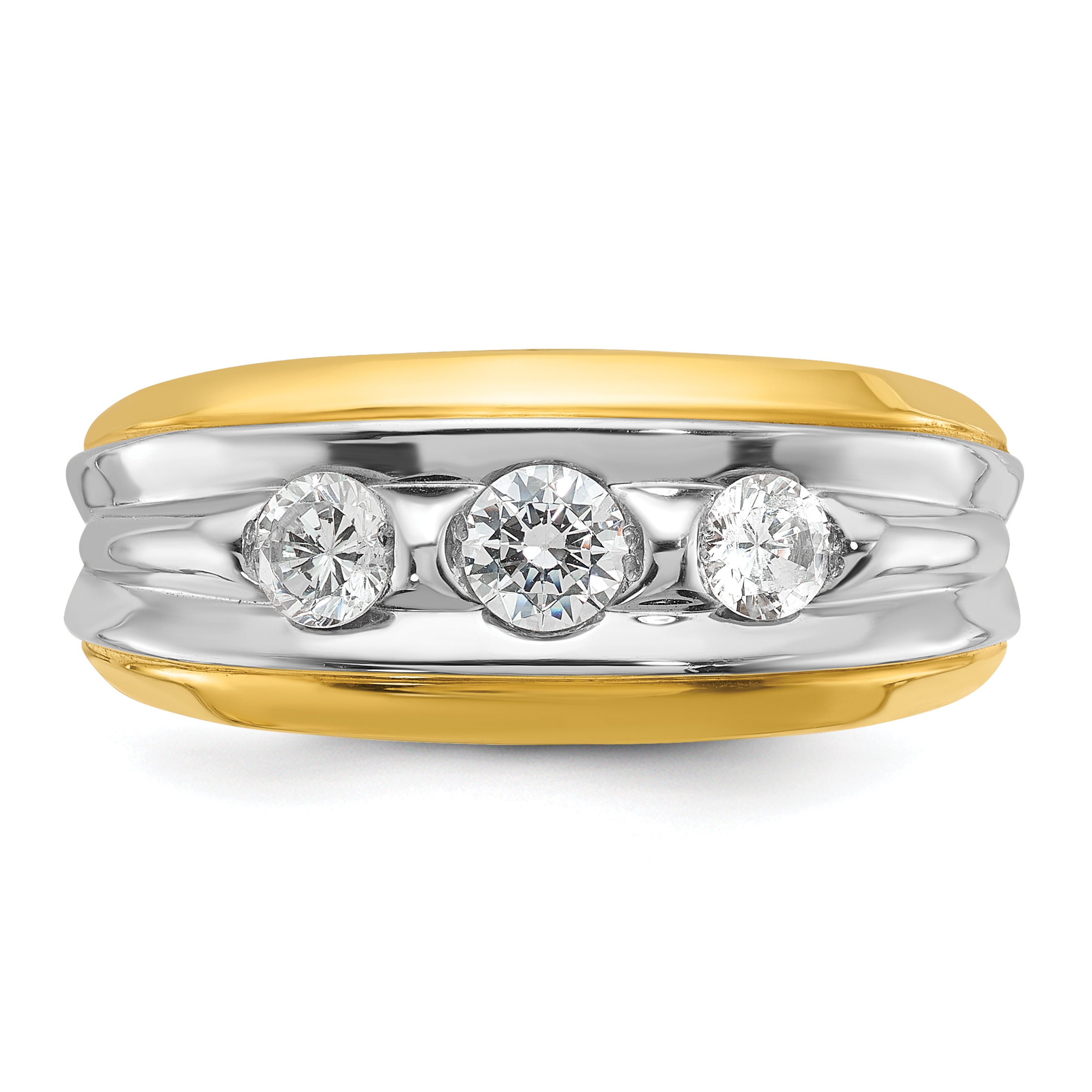 14k Two-tone Men's Polished and Grooved 3-Stone 3/4 Carat AA Quality Diamond Ring - Sophia Jewelers