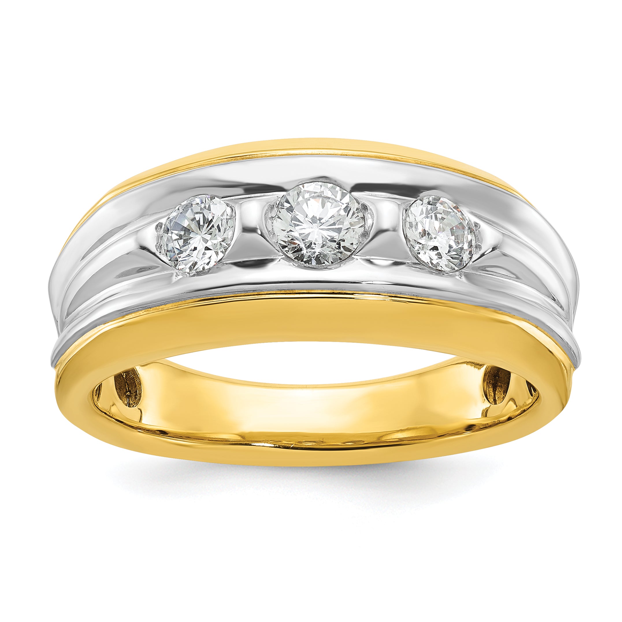 14k Two-tone Men's Polished and Grooved 3-Stone 3/4 Carat AA Quality Diamond Ring - Sophia Jewelers
