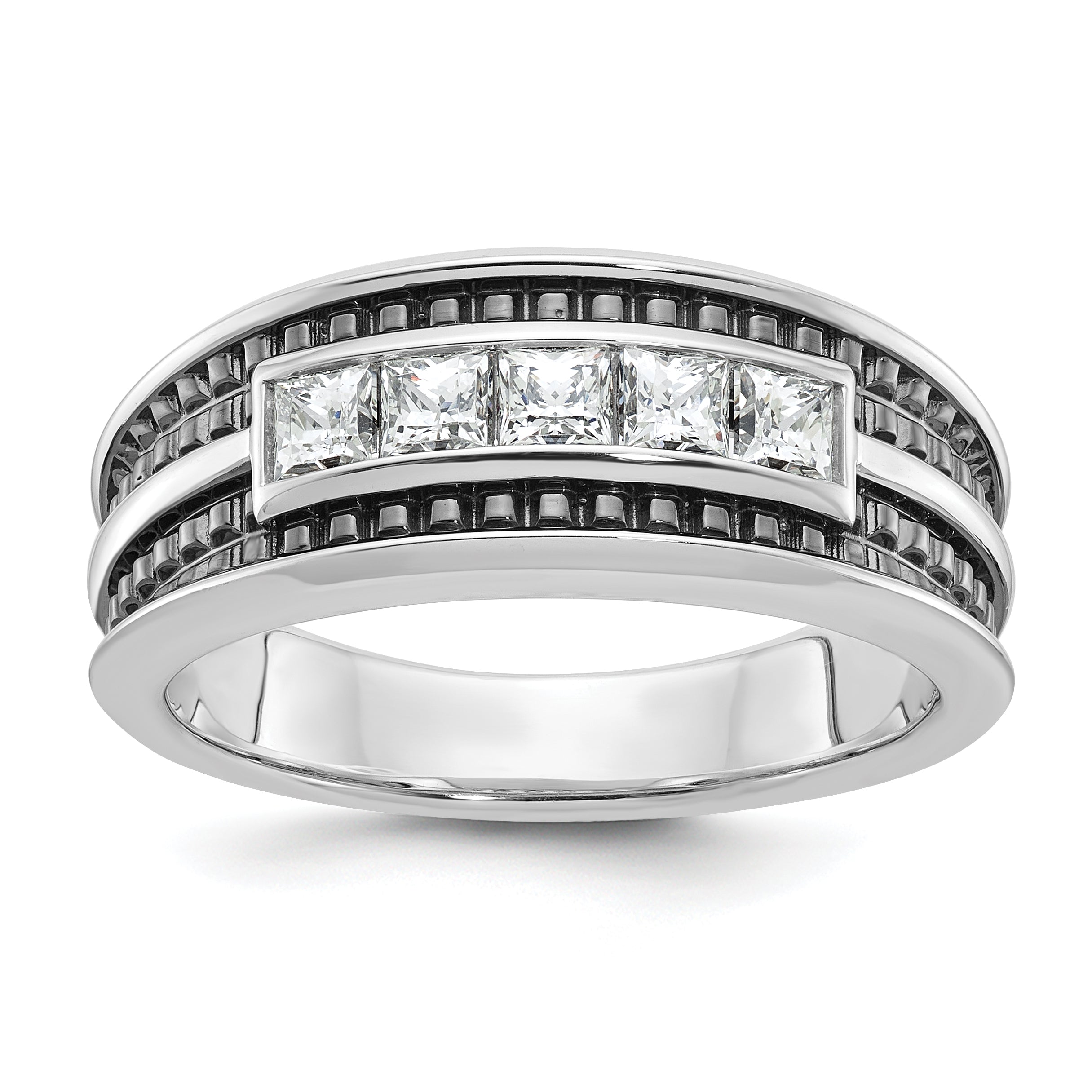 14k White Gold Men's Polished and Textured Square 5-Stone Ring Mounting, Mounting Only - Sophia Jewelers