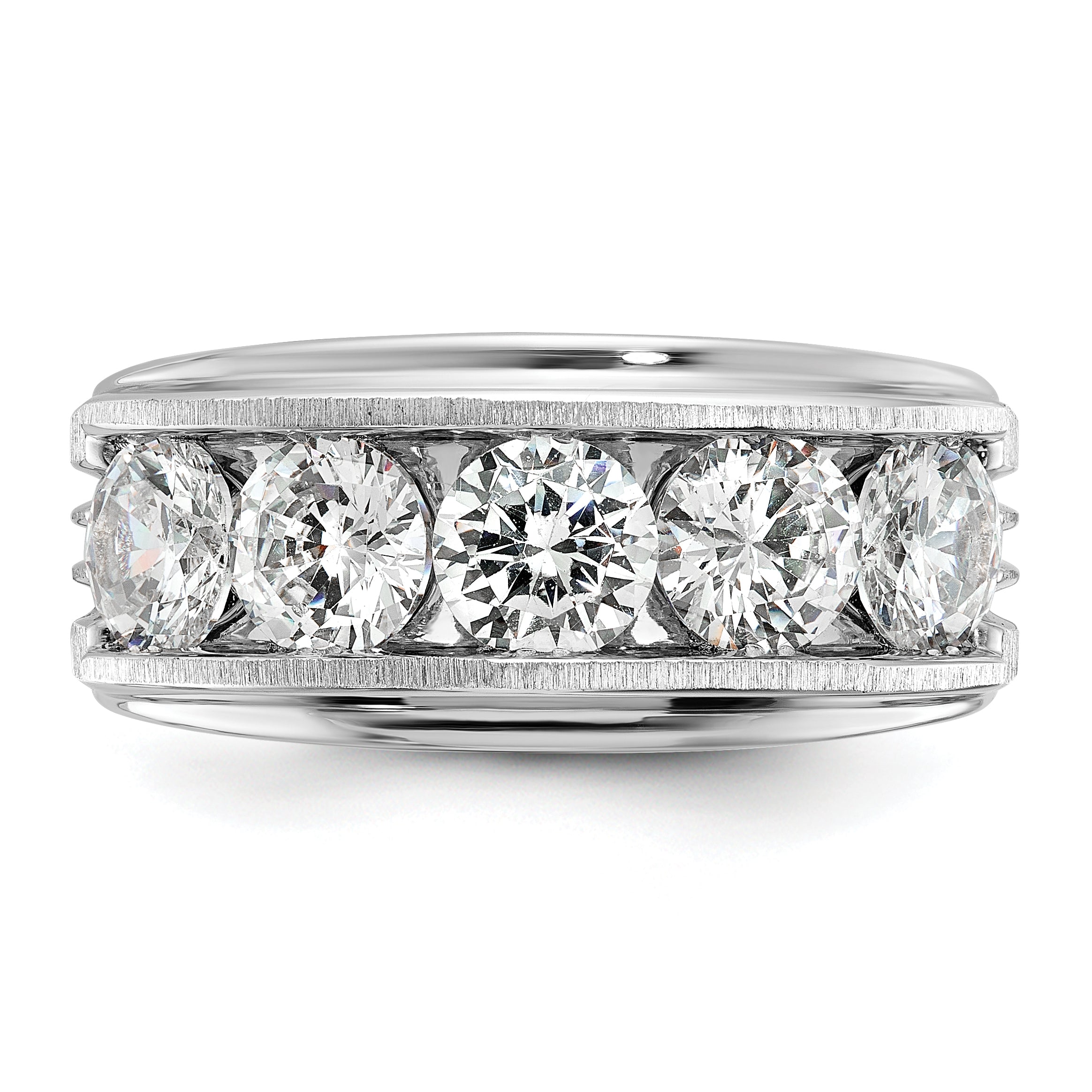 True Origin 14k White Gold 3 1/2 carat Lab Grown Diamond VS+ F+ Five Stone Complete Polished Brushed and Grooved Men's Ring