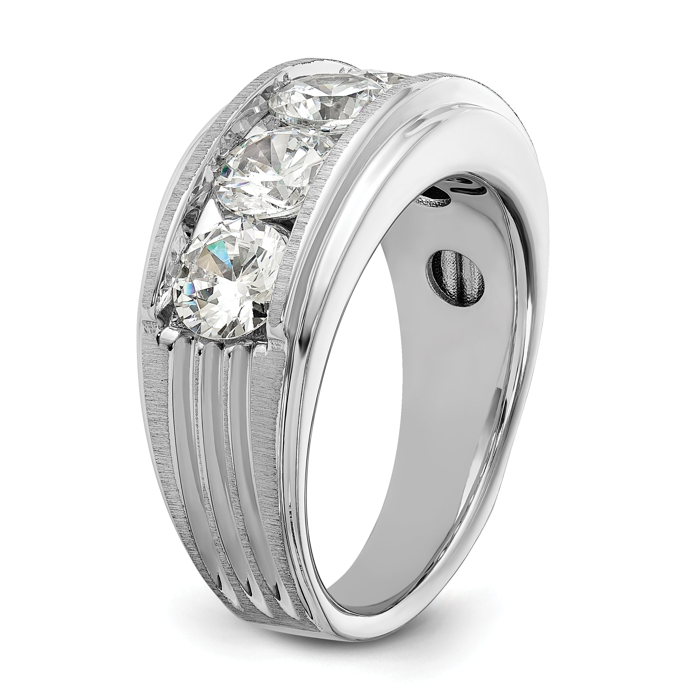 True Origin 14k White Gold 3 1/2 carat Lab Grown Diamond VS+ F+ Five Stone Complete Polished Brushed and Grooved Men's Ring