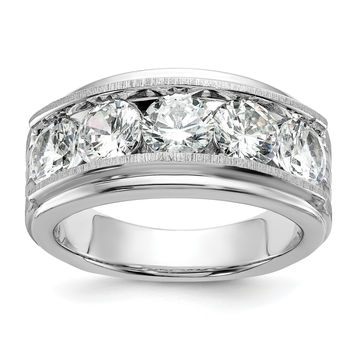 True Origin 14k White Gold 3 1/2 carat Lab Grown Diamond VS+ F+ Five Stone Complete Polished Brushed and Grooved Men's Ring