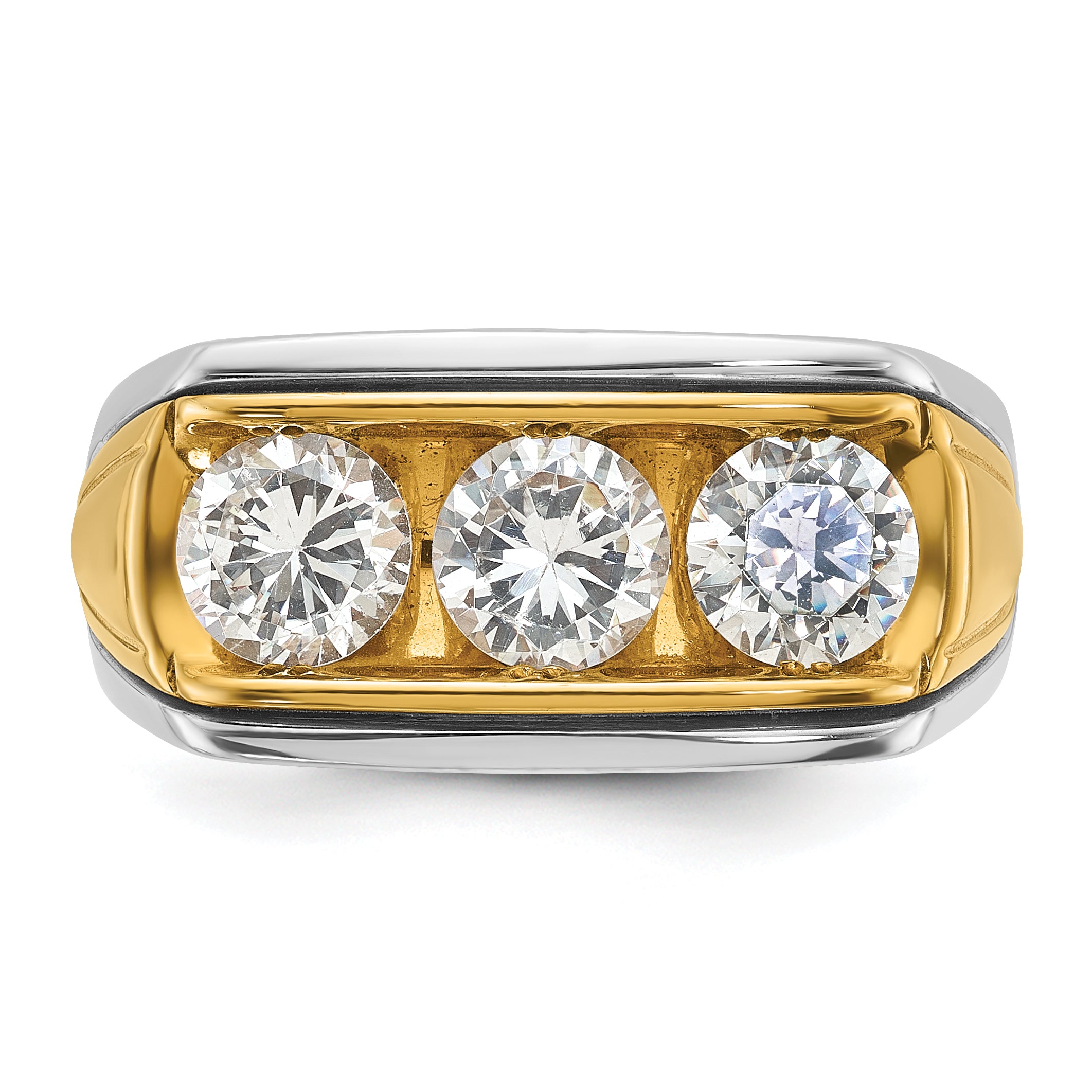 14k Two-tone Men's Polished and Grooved 3-Stone Ring Mounting (No Stones Included)