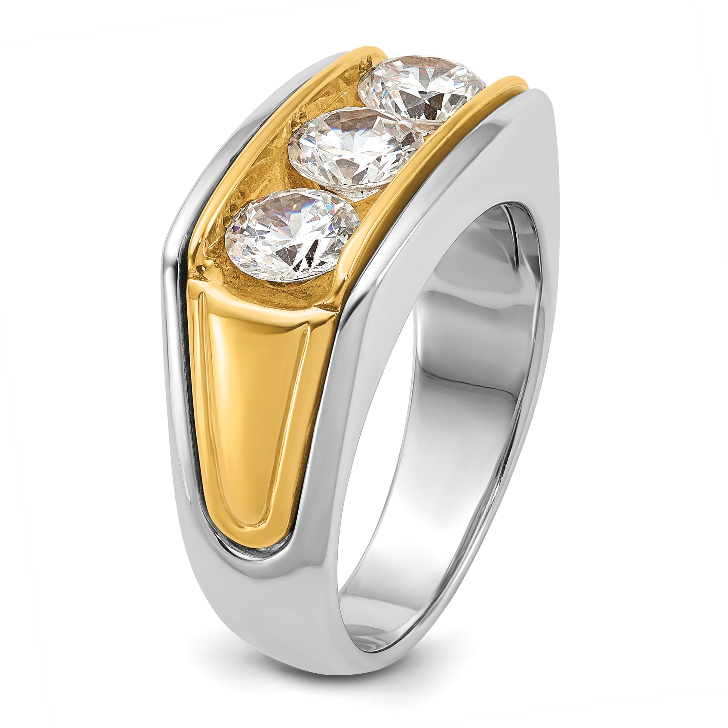 14k Two-tone Men's Polished and Grooved 3-Stone Ring Mounting (No Stones Included)