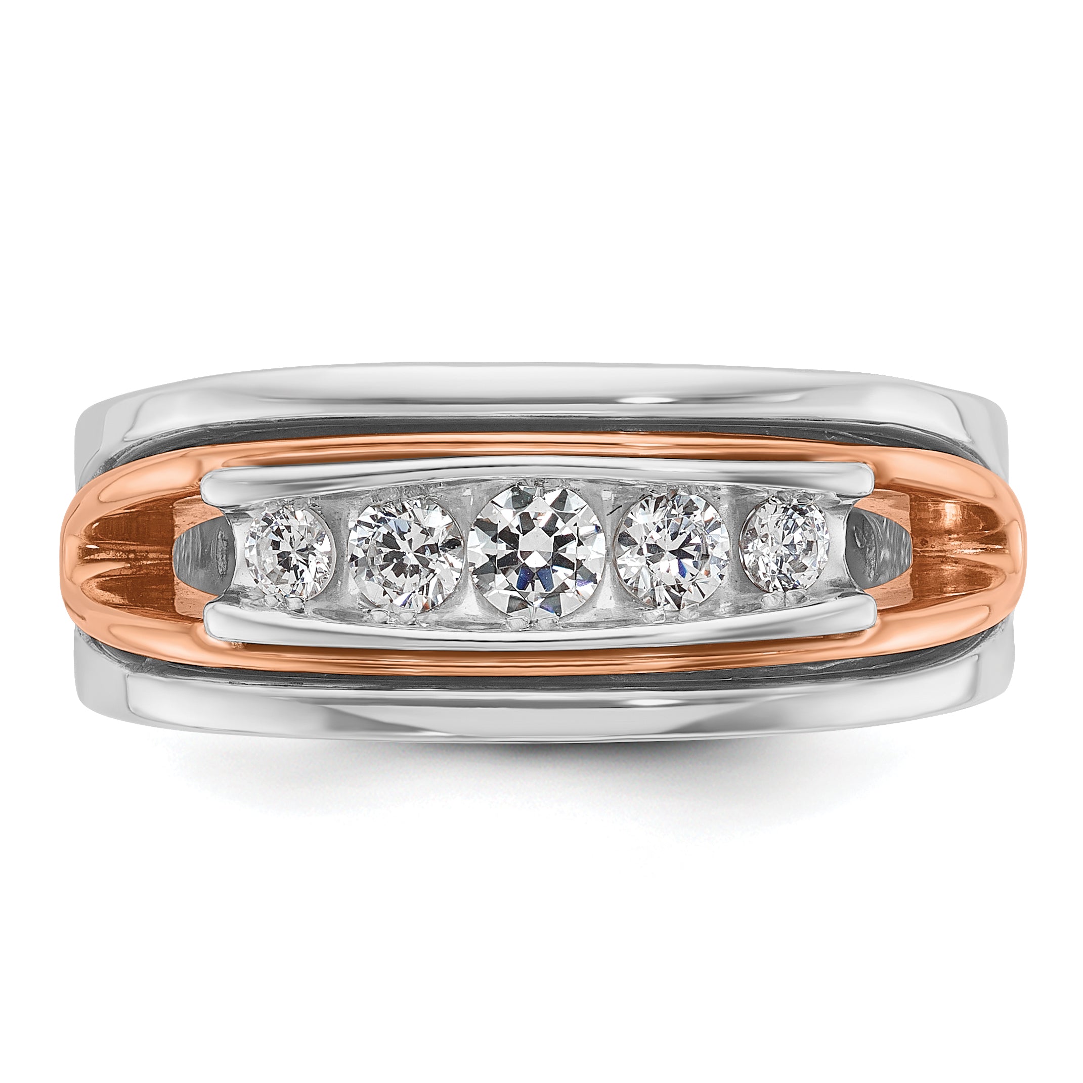 14k Rose and White Gold Mens Polished Channel-set 5-Stone 1/2 Carat AA Diamond Ring - Sophia Jewelers