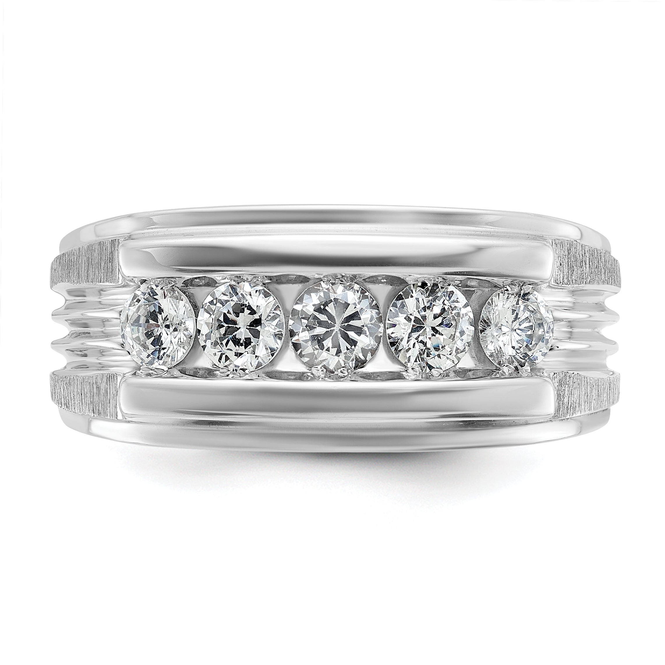 14k White Gold Men's Polished Brushed and Grooved 5-Stone 1 Carat AA Quality Diamond Ring - Sophia Jewelers
