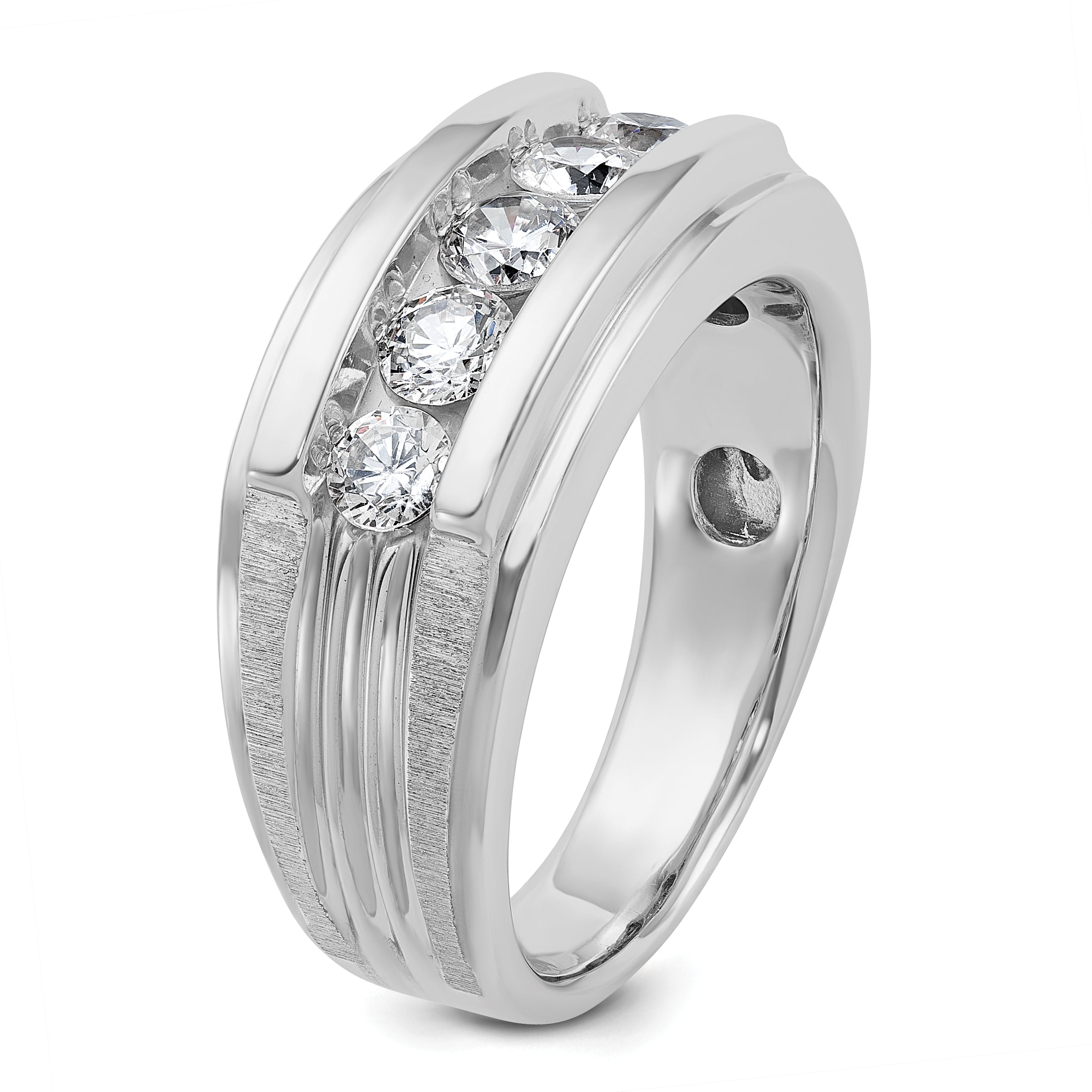14k White Gold Men's Polished Brushed and Grooved 5-Stone 1 Carat AA Quality Diamond Ring - Sophia Jewelers