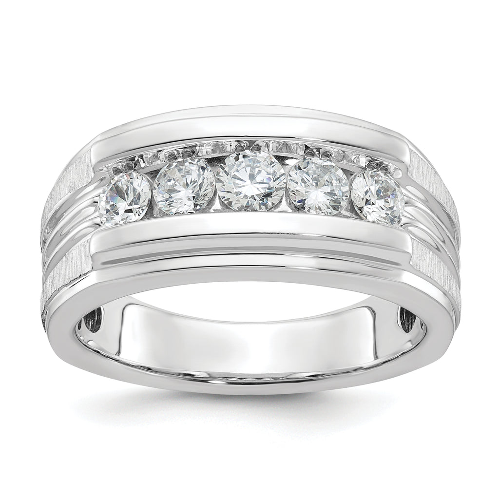 14k White Gold Men's Polished Brushed and Grooved 5-Stone Ring Mounting, Mounting Only - Sophia Jewelers