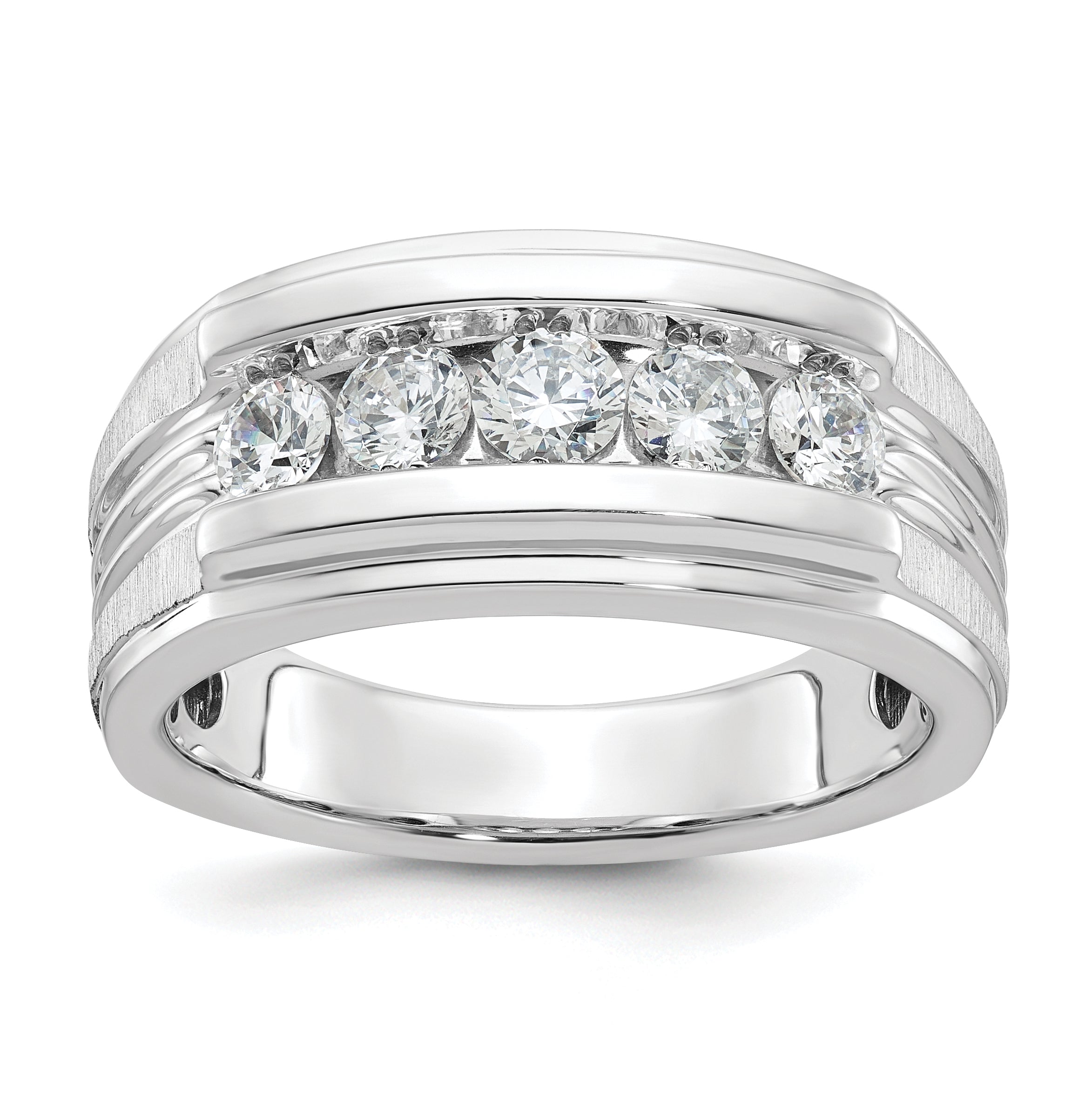 14k White Gold Men's Polished Brushed and Grooved 5-Stone Ring Mounting, Mounting Only - Sophia Jewelers