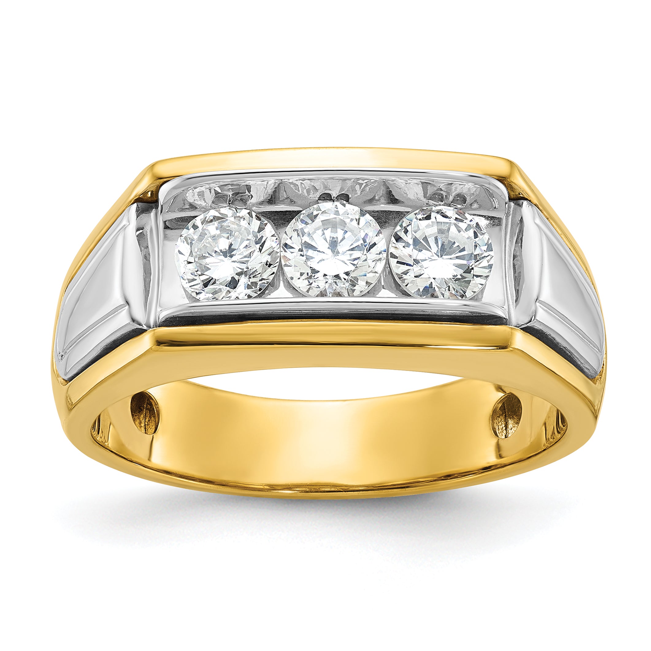 14k Two-tone Men's Polished and Grooved 3-Stone Ring Mounting, Mounting Only - Sophia Jewelers