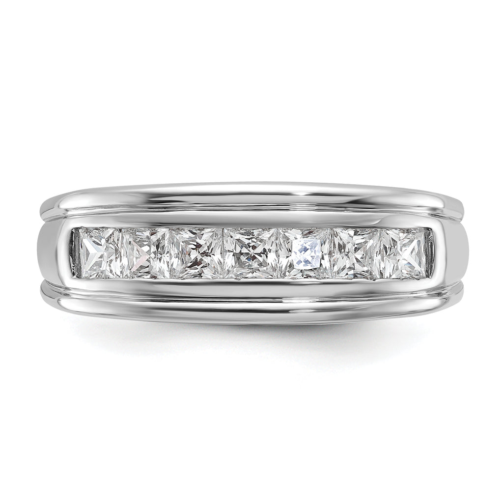 14k White Gold Men's Polished and Grooved 7-Stone Square 1 Carat AA Quality Diamond Ring - Sophia Jewelers