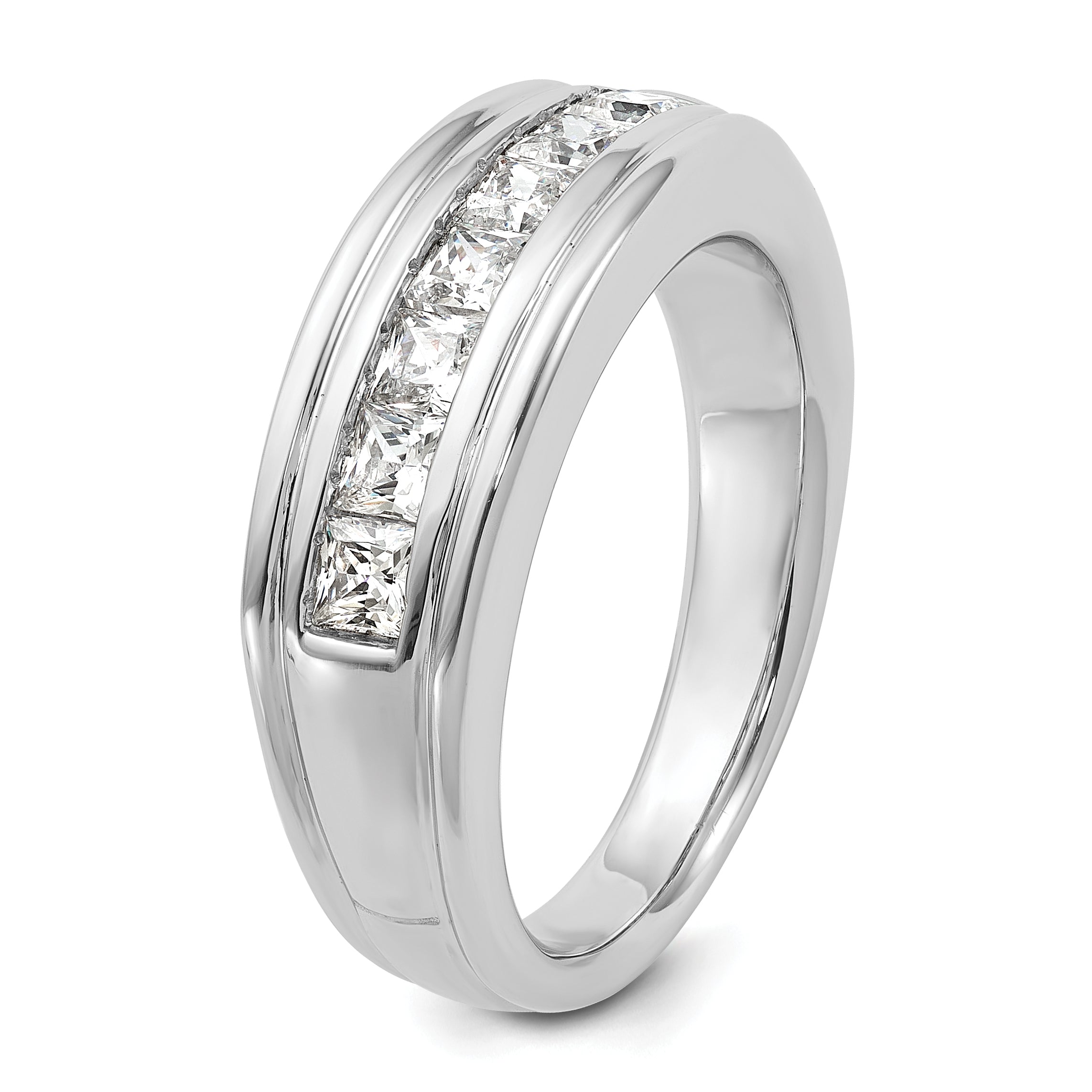 14k White Gold Men's Polished and Grooved 7-Stone Square 1 Carat AA Quality Diamond Ring - Sophia Jewelers