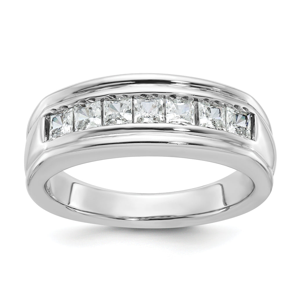 14k White Gold Men's Polished and Grooved 7-Stone Square 1 Carat AA Quality Diamond Ring - Sophia Jewelers