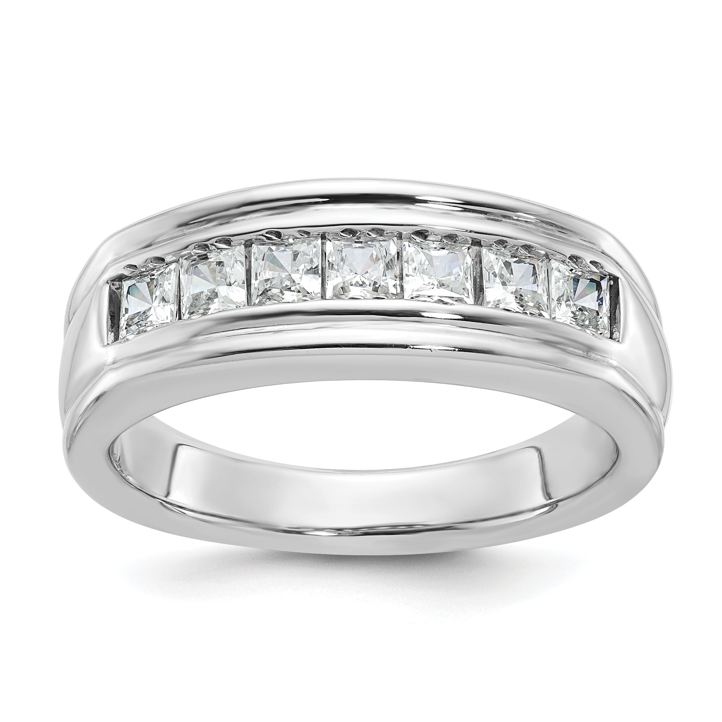 14k White Gold Men's Polished and Grooved Square 7-Stone Ring Mounting, Mounting Only - Sophia Jewelers