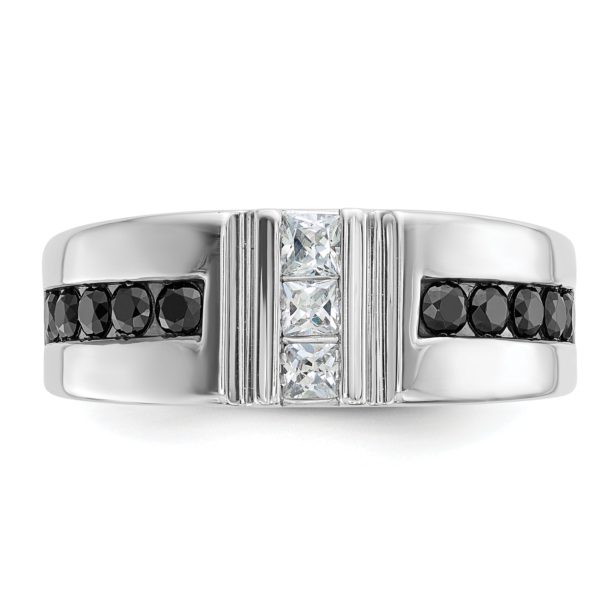 14k White Gold Men's Polished and Grooved Black and White 1 Carat AA Quality Diamond Ring - Sophia Jewelers