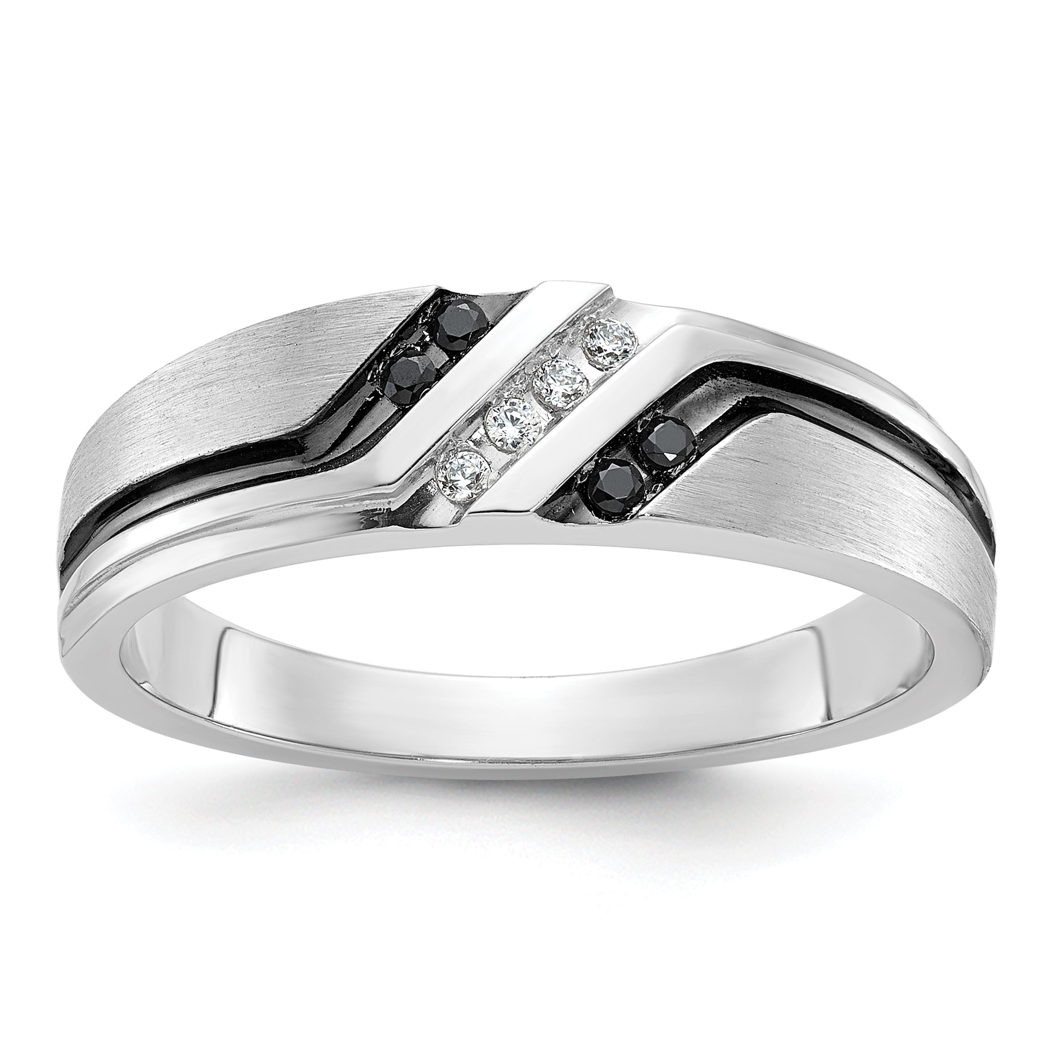 14k White Gold with Black Rhodium Men's Polished Satin and Grooved 1/8 Carat AA Quality Black and Wh - Sophia Jewelers