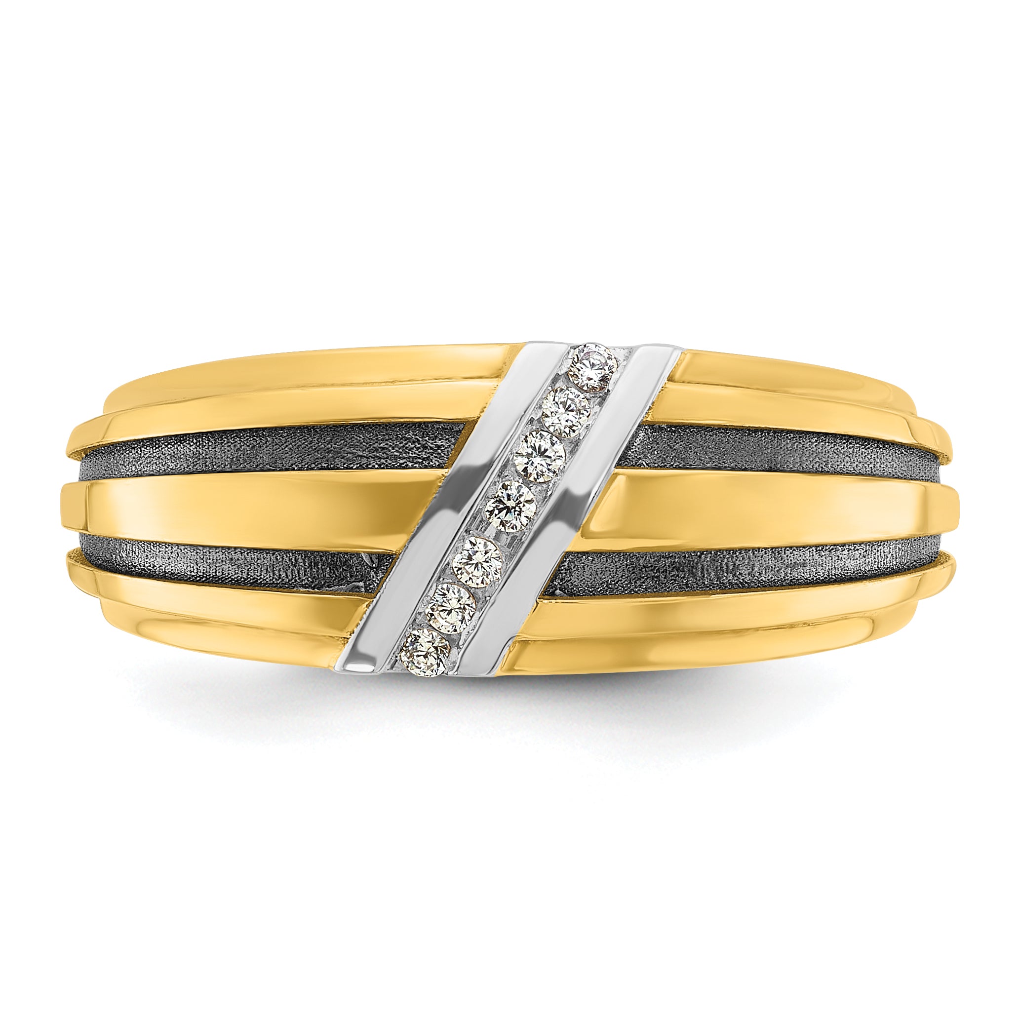 10k with Black and White Rhodium Men's Polished Satin and Grooved 1/20 Carat A Quality Diamond Ring