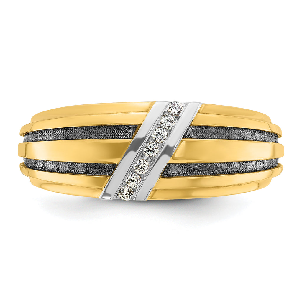 10k with Black and White Rhodium Men's Polished Satin and Grooved 1/20 Carat A Quality Diamond Ring