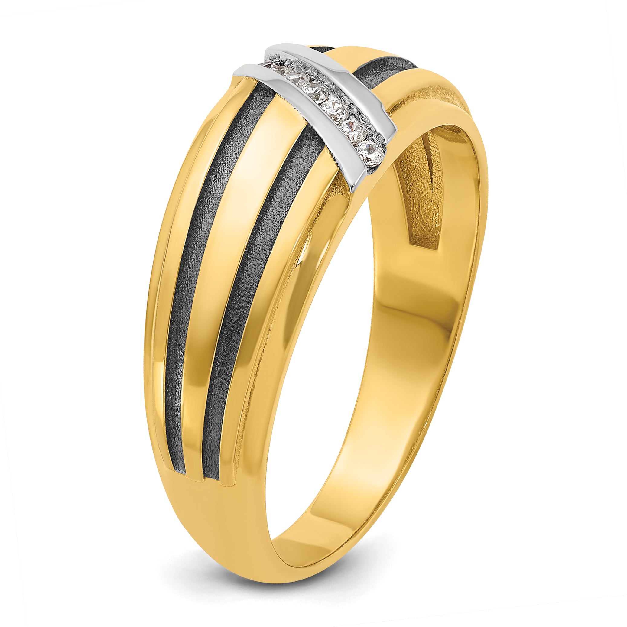 10k with Black and White Rhodium Men's Polished Satin and Grooved 1/20 Carat A Quality Diamond Ring