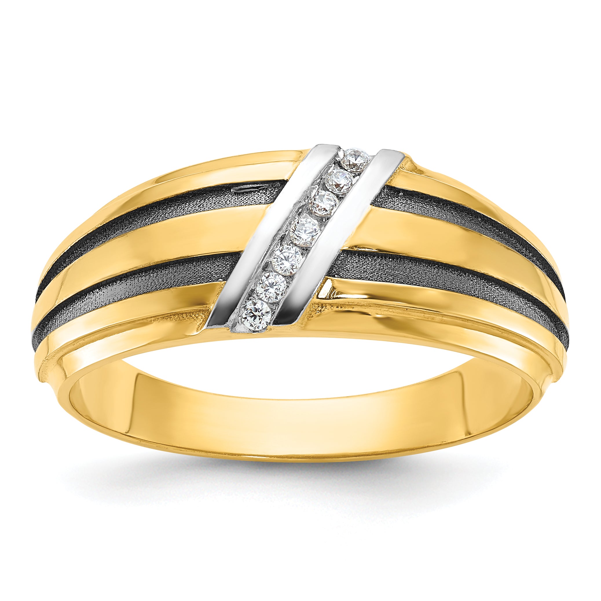 10k with Black and White Rhodium Men's Polished Satin and Grooved 1/20 Carat A Quality Diamond Ring Main image