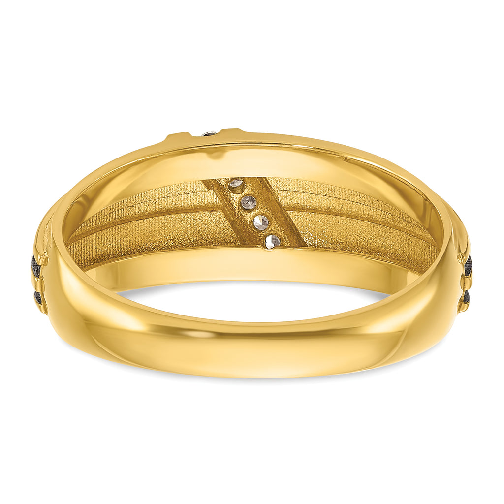 14k with Black and White Rhodium Mens Polished Satin and Grooved 7-Stone 1/20 Carat AA Diamond Ring - Sophia Jewelers